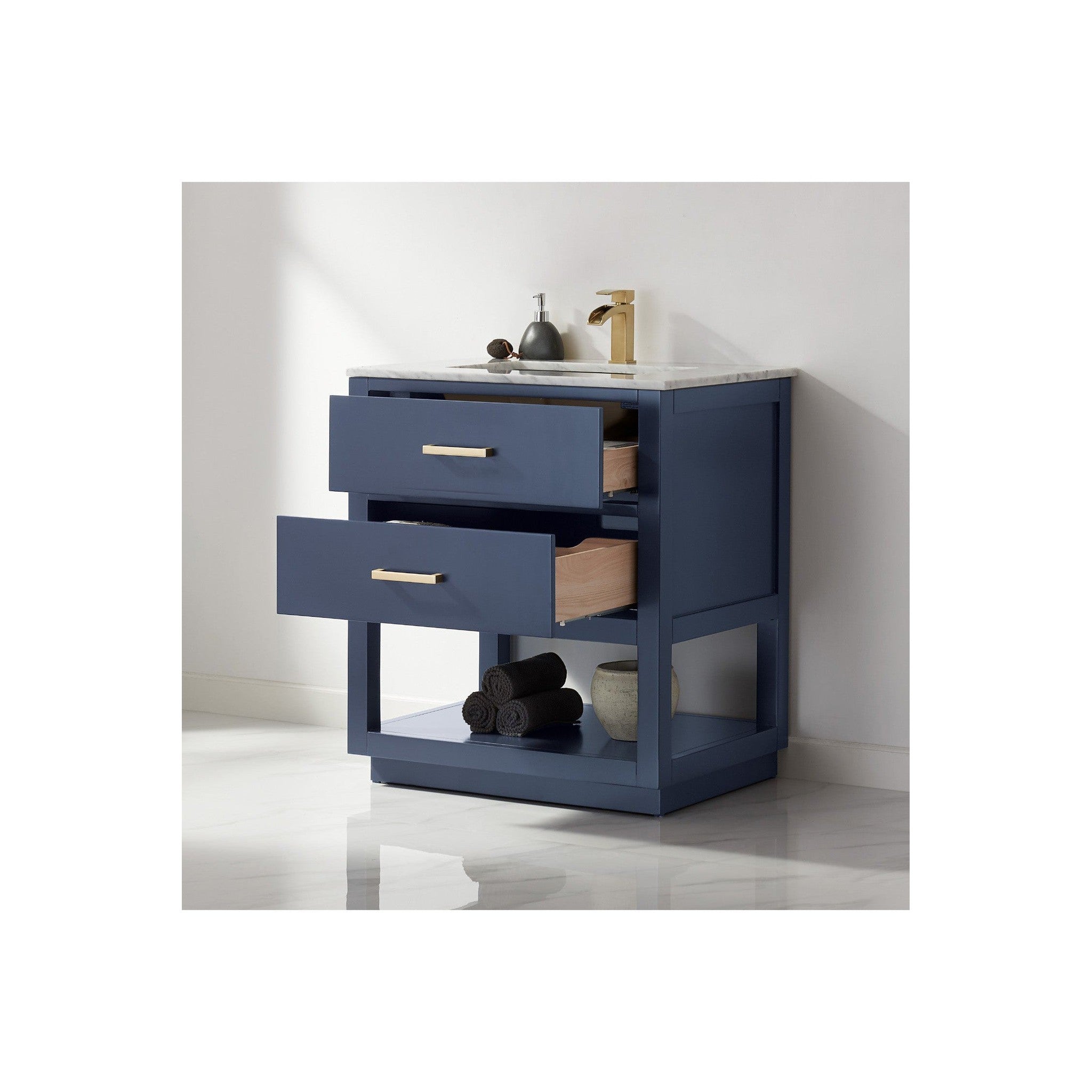 Remi 30" Single Bathroom Vanity Set in Royal Blue and Carrara White Marble Countertop without Mirror