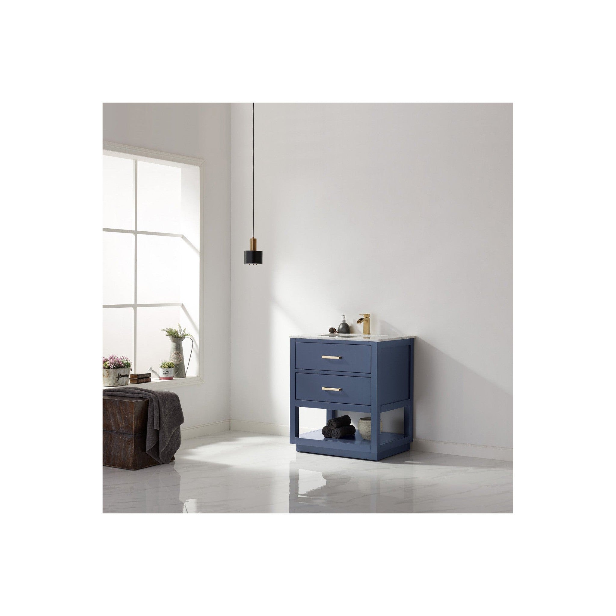 Remi 30" Single Bathroom Vanity Set in Royal Blue and Carrara White Marble Countertop without Mirror