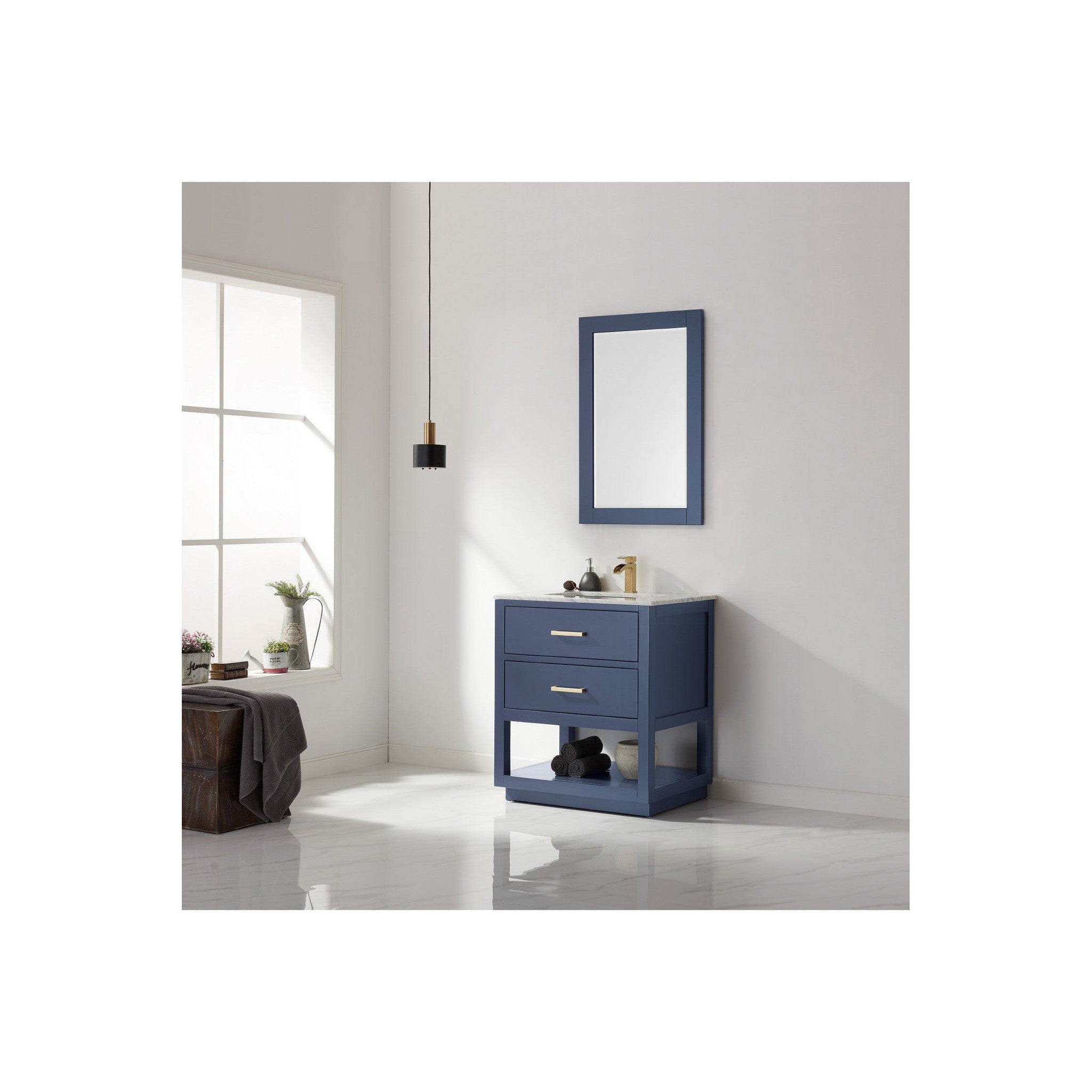 Remi 30" Single Bathroom Vanity Set in Royal Blue and Carrara White Marble Countertop with Mirror