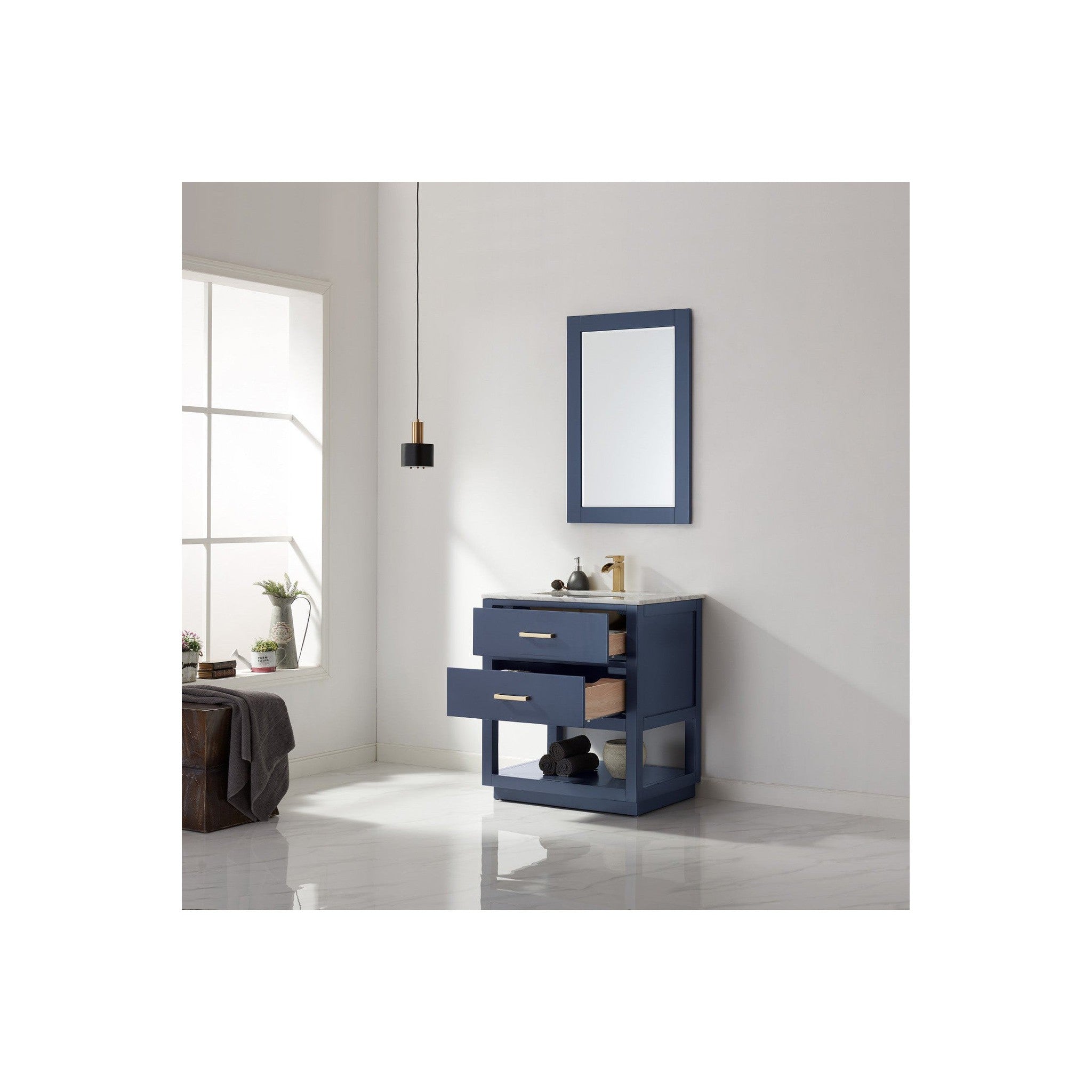 Remi 30" Single Bathroom Vanity Set in Royal Blue and Carrara White Marble Countertop with Mirror