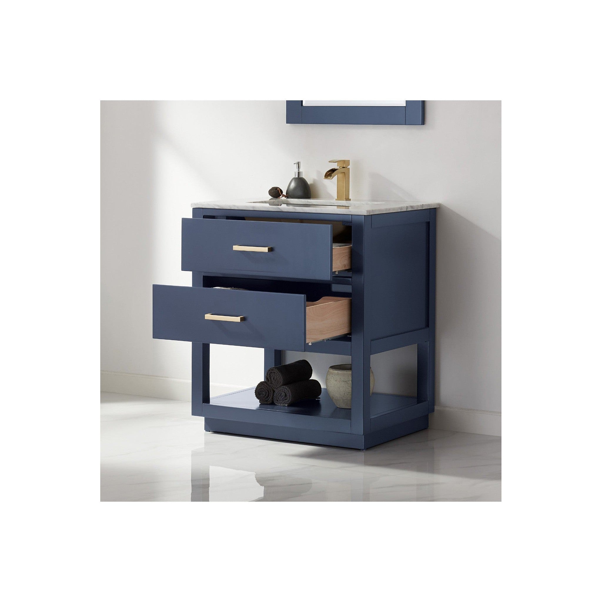Remi 30" Single Bathroom Vanity Set in Royal Blue and Carrara White Marble Countertop with Mirror
