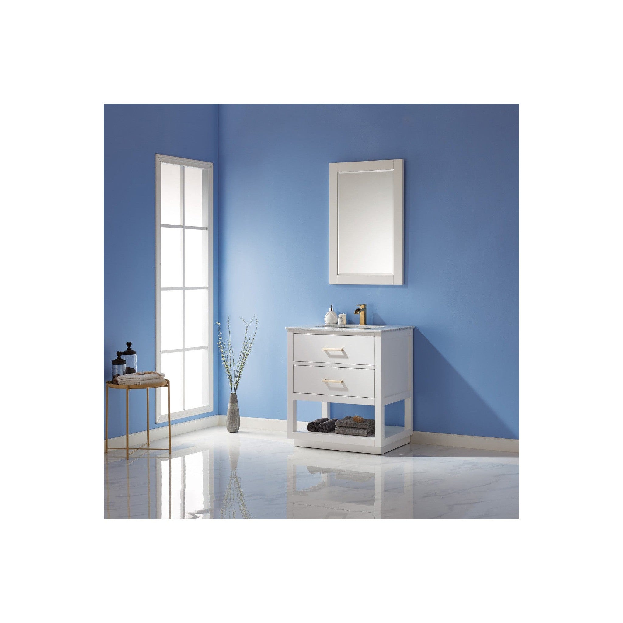 Remi 30" Single Bathroom Vanity Set in White and Carrara White Marble Countertop with Mirror