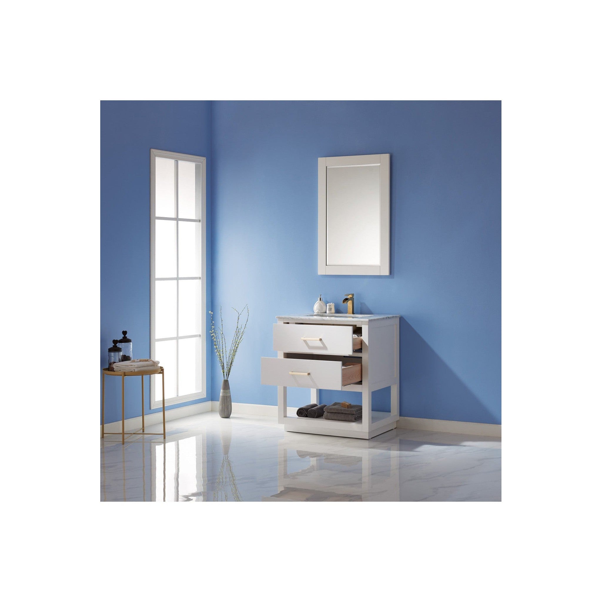 Remi 30" Single Bathroom Vanity Set in White and Carrara White Marble Countertop with Mirror