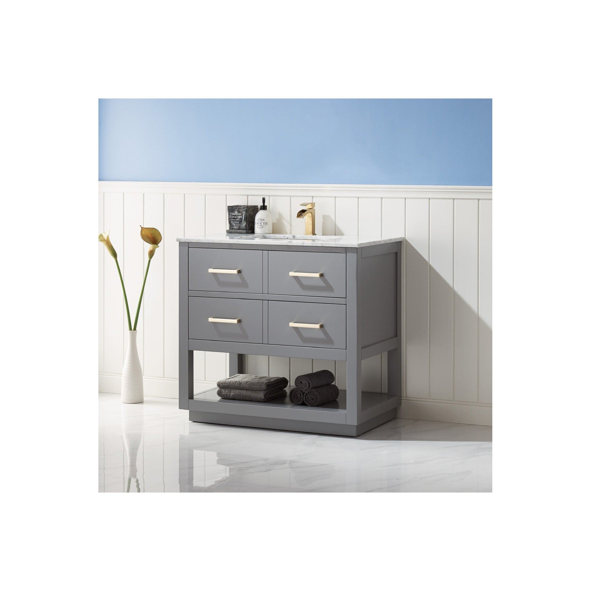 Remi 36" Single Bathroom Vanity Set in Gray and Carrara White Marble Countertop without Mirror