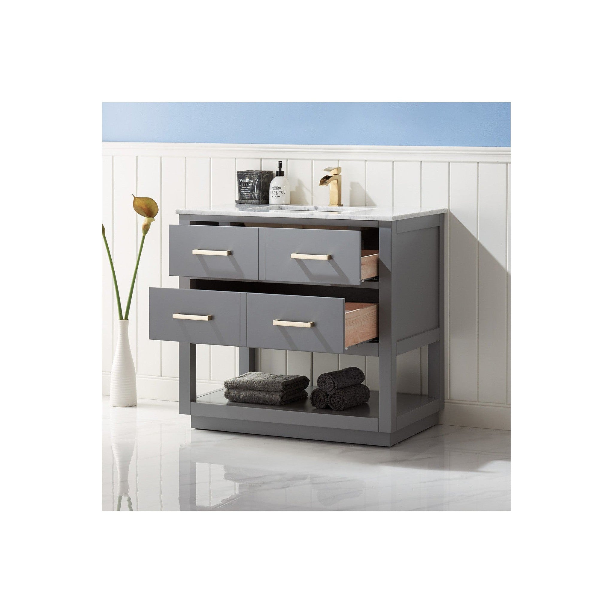 Remi 36" Single Bathroom Vanity Set in Gray and Carrara White Marble Countertop without Mirror