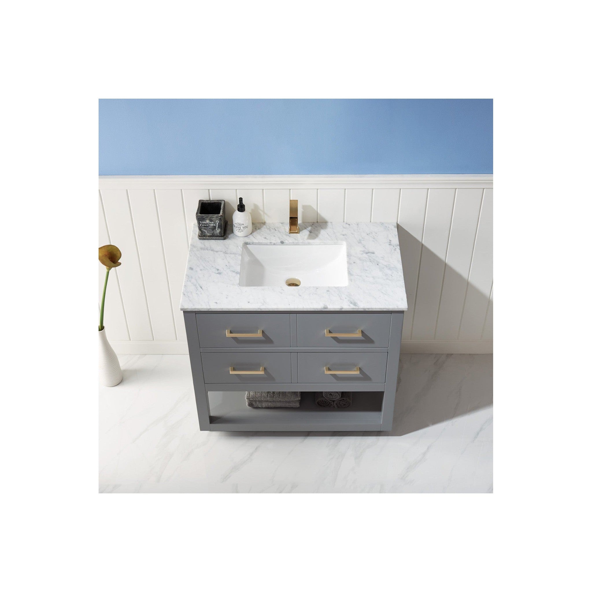Remi 36" Single Bathroom Vanity Set in Gray and Carrara White Marble Countertop without Mirror
