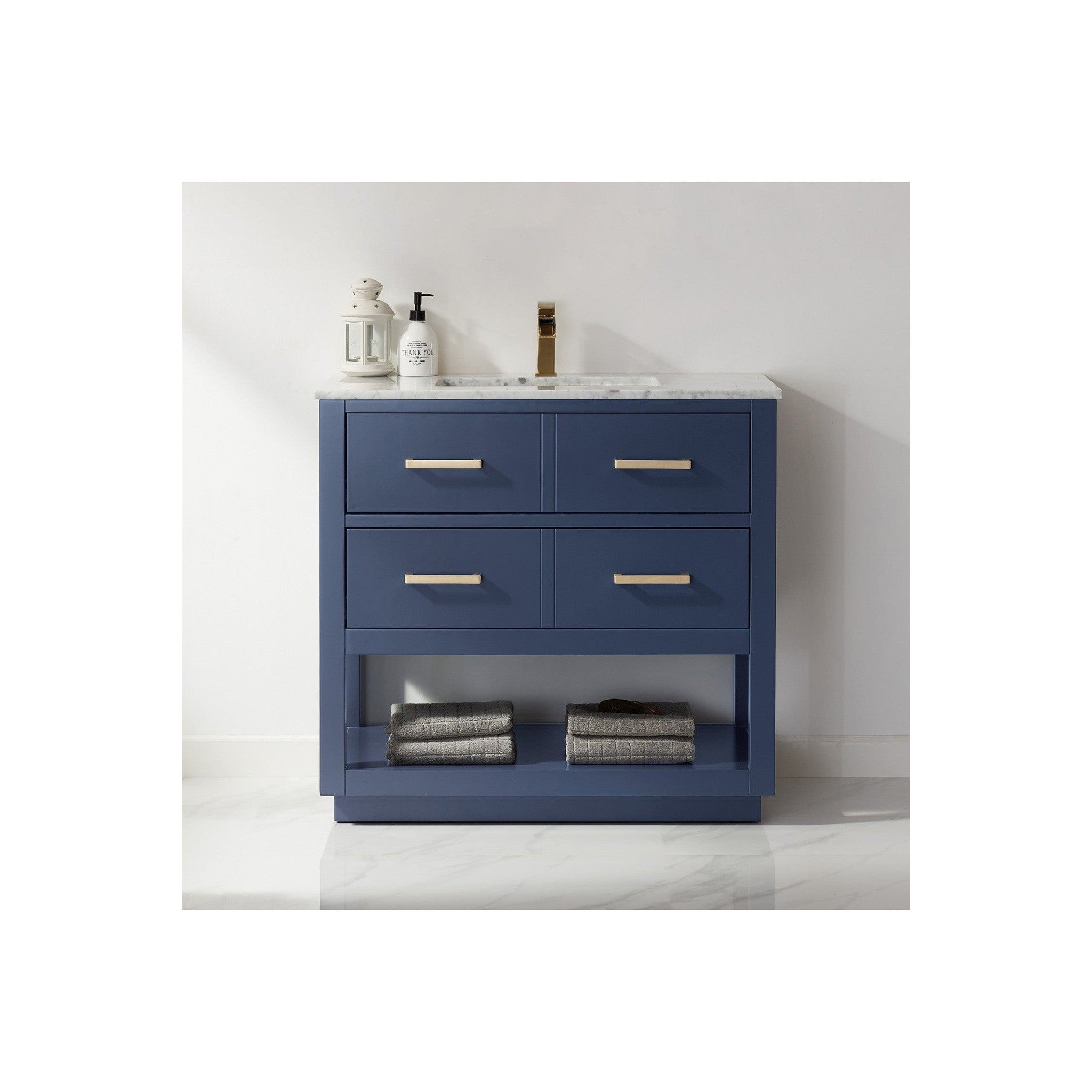 Remi 36" Single Bathroom Vanity Set in Royal Blue and Carrara White Marble Countertop without Mirror
