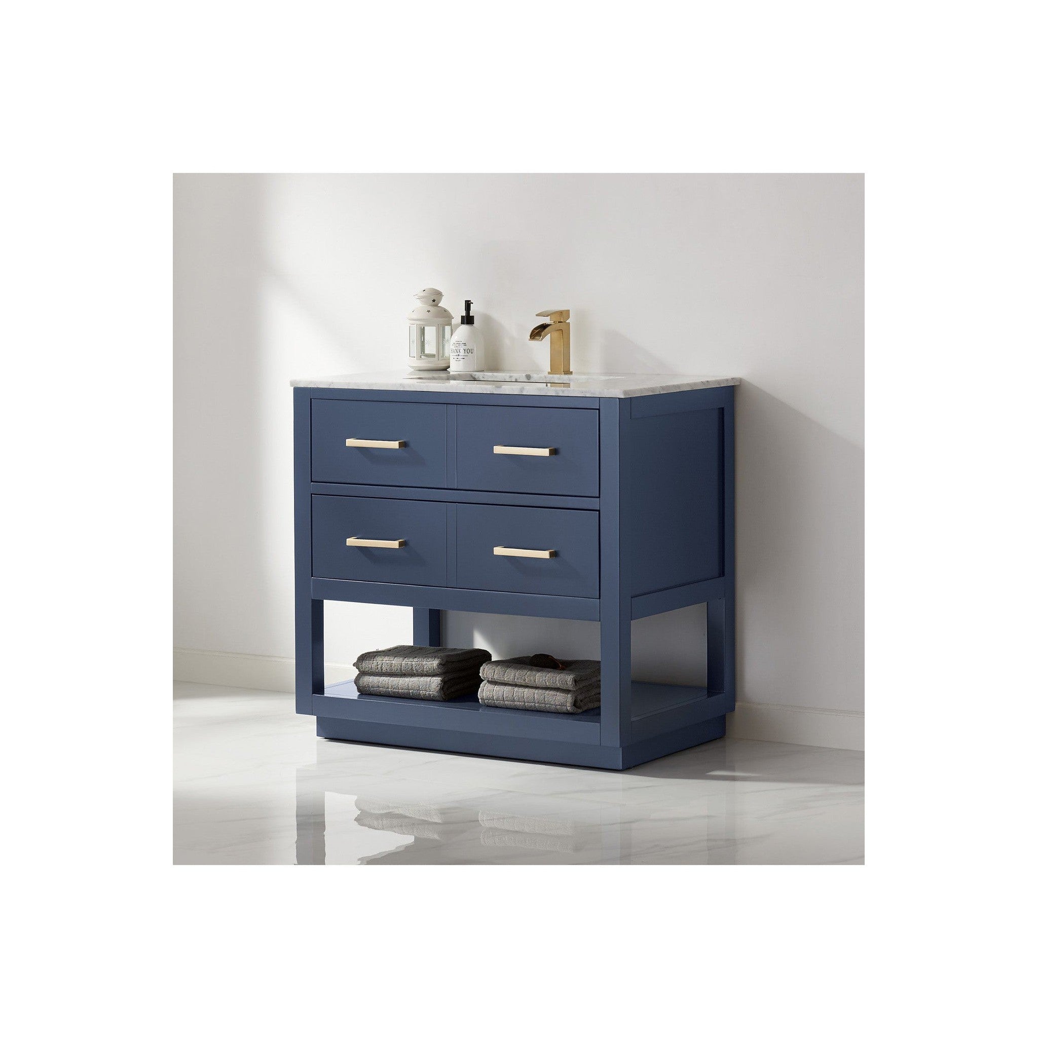 Remi 36" Single Bathroom Vanity Set in Royal Blue and Carrara White Marble Countertop without Mirror