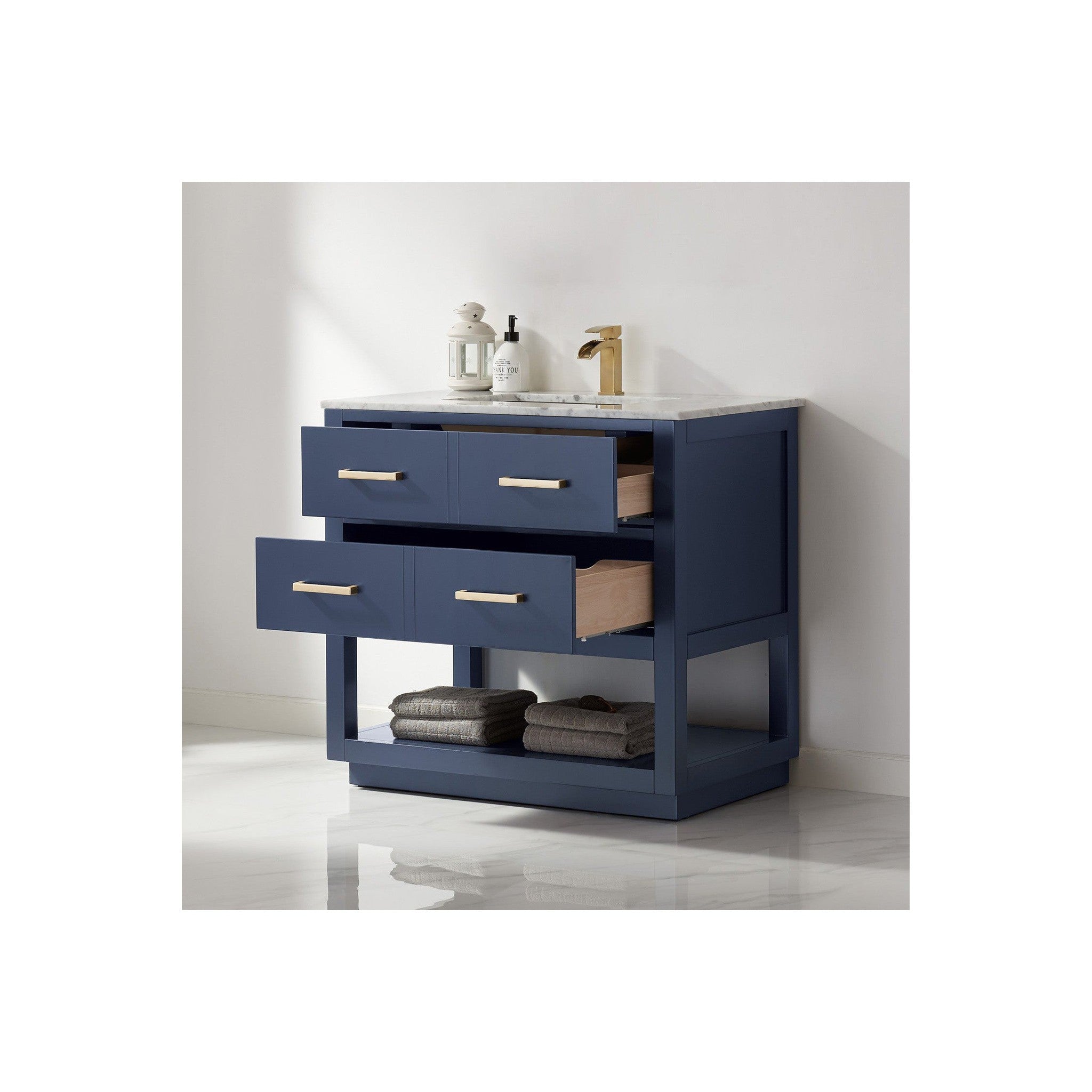 Remi 36" Single Bathroom Vanity Set in Royal Blue and Carrara White Marble Countertop without Mirror
