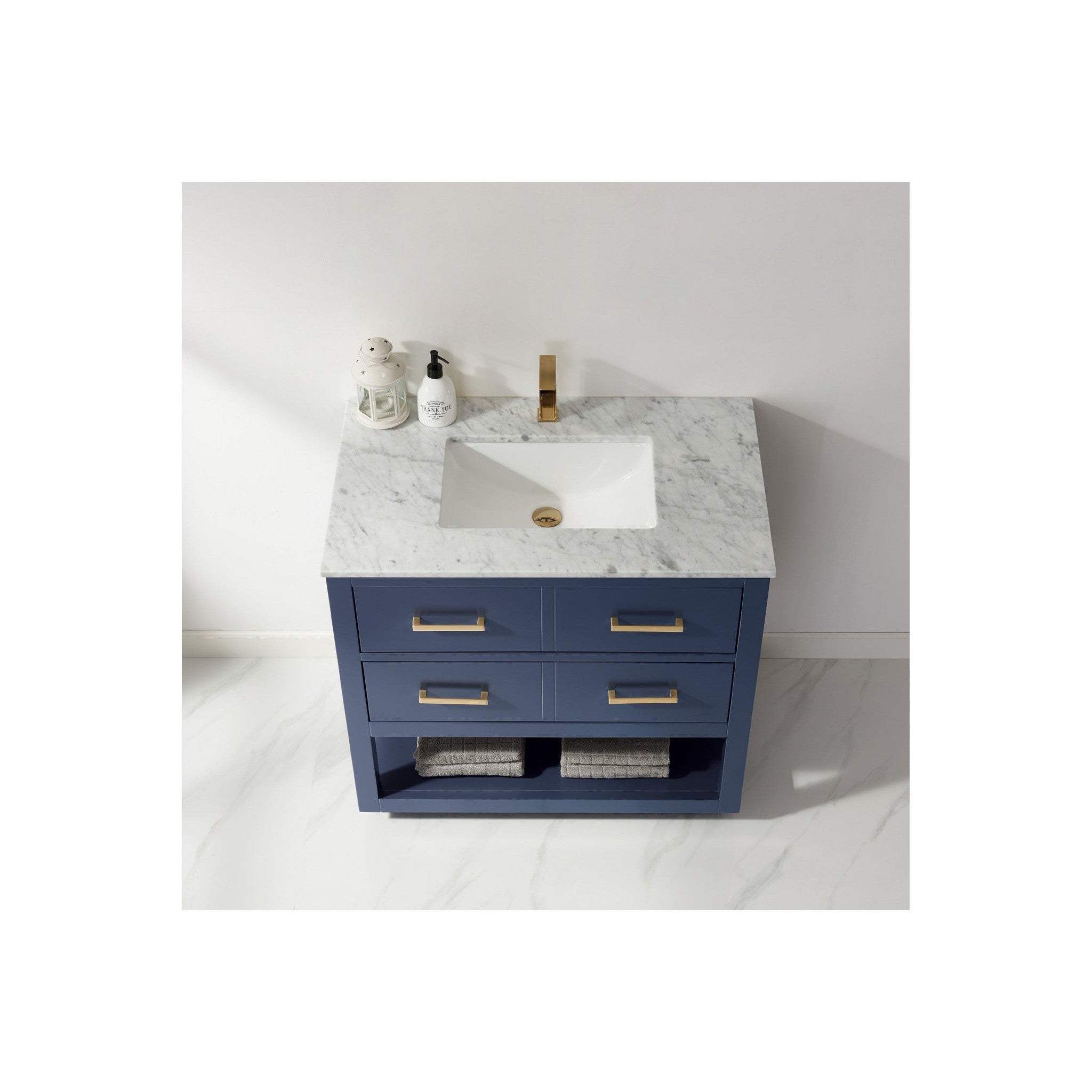 Remi 36" Single Bathroom Vanity Set in Royal Blue and Carrara White Marble Countertop without Mirror