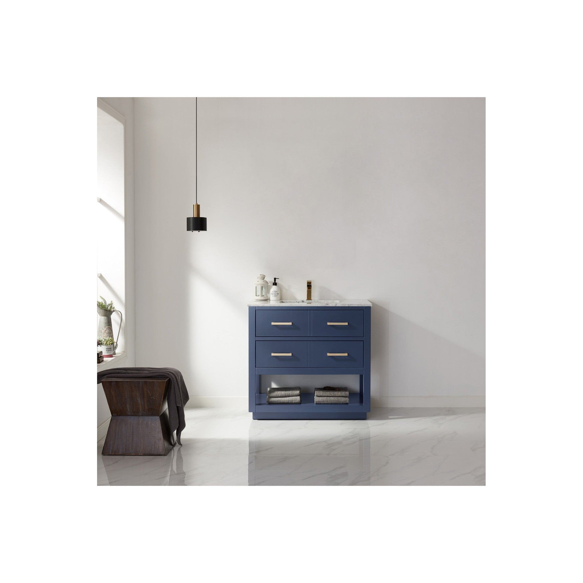 Remi 36" Single Bathroom Vanity Set in Royal Blue and Carrara White Marble Countertop without Mirror