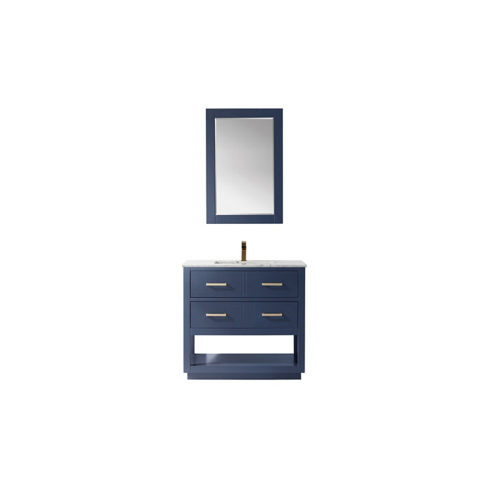Remi 36" Single Bathroom Vanity Set in Royal Blue and Carrara White Marble Countertop with Mirror