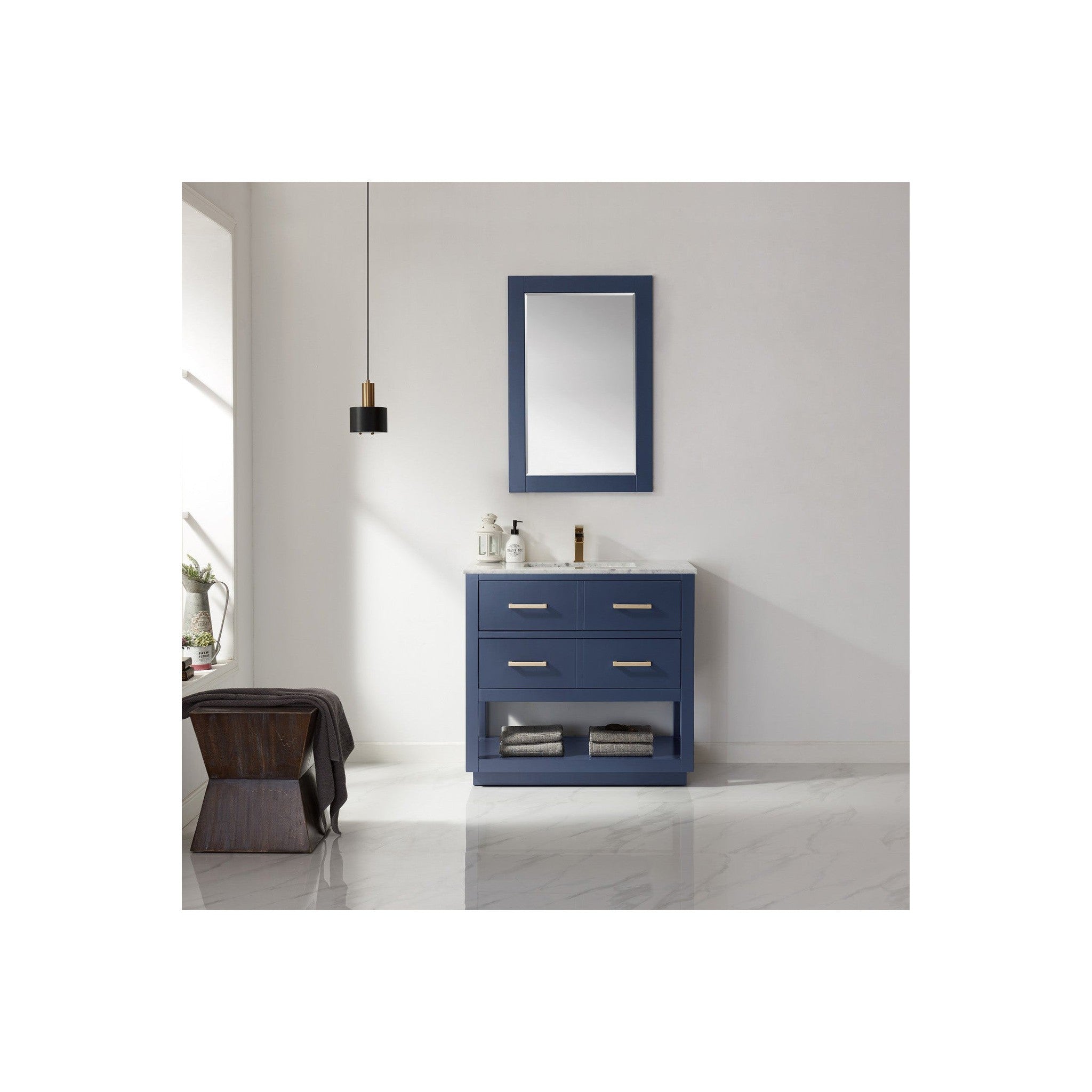 Remi 36" Single Bathroom Vanity Set in Royal Blue and Carrara White Marble Countertop with Mirror