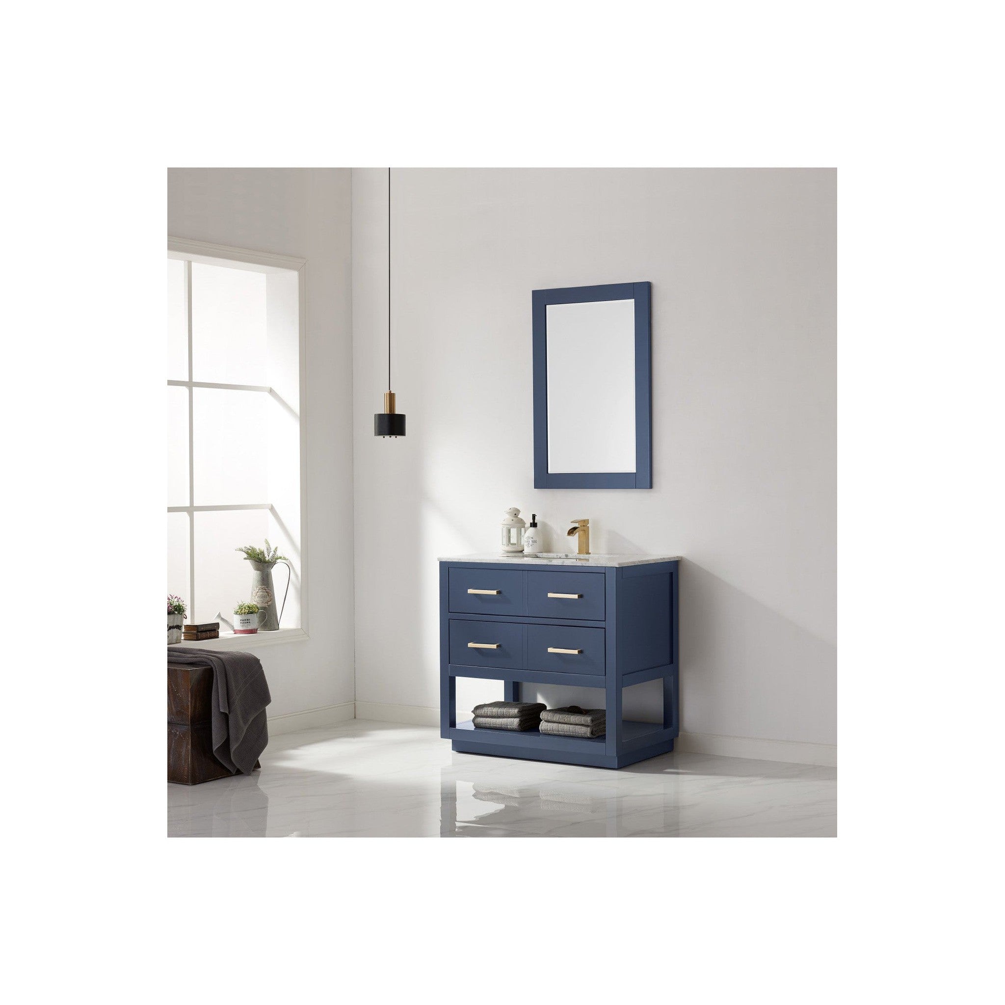 Remi 36" Single Bathroom Vanity Set in Royal Blue and Carrara White Marble Countertop with Mirror