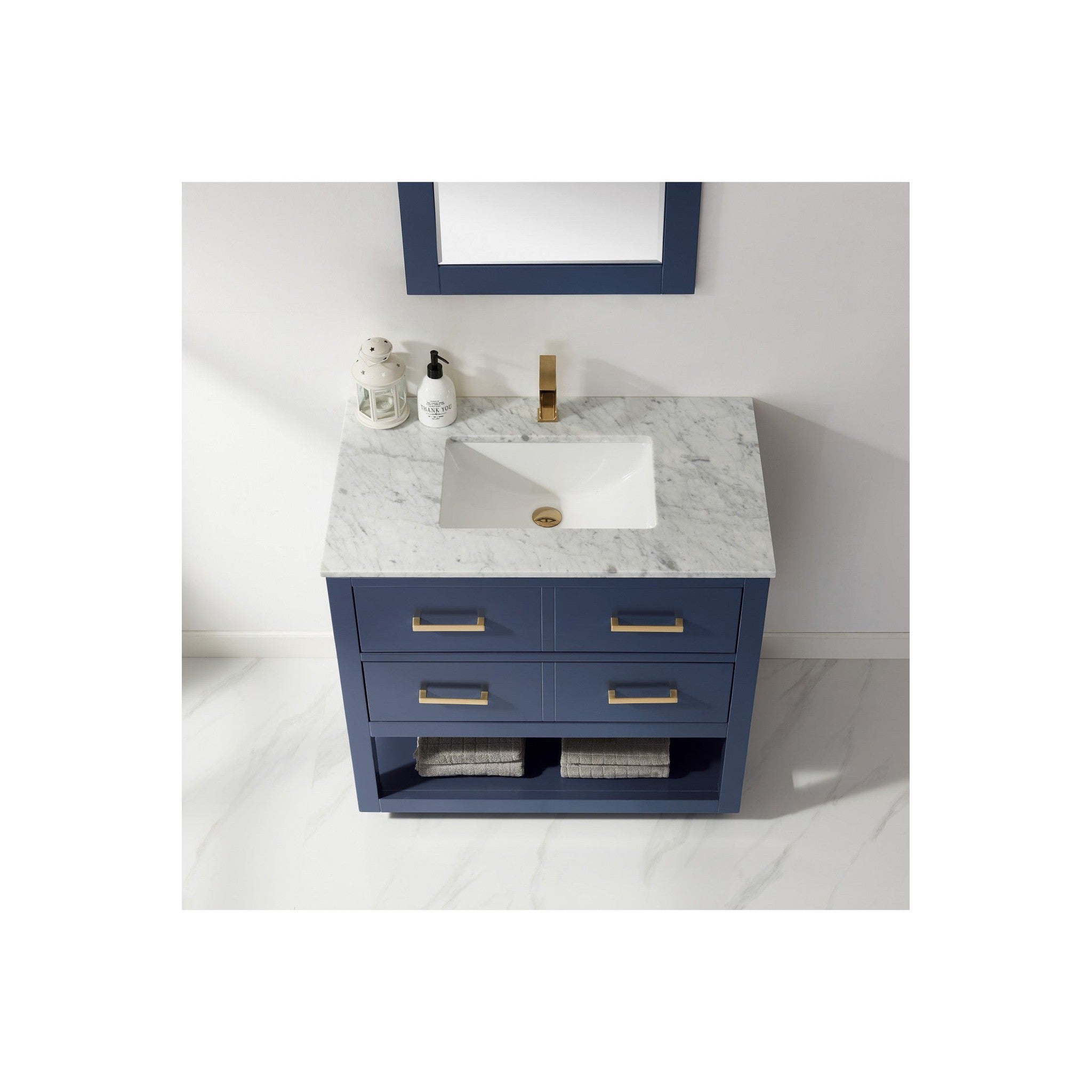 Remi 36" Single Bathroom Vanity Set in Royal Blue and Carrara White Marble Countertop with Mirror