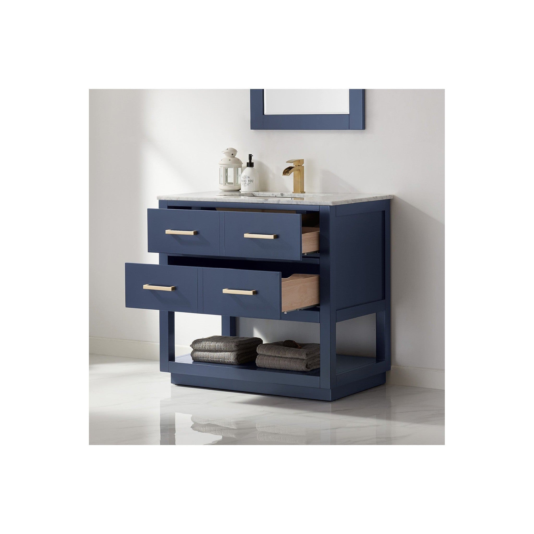 Remi 36" Single Bathroom Vanity Set in Royal Blue and Carrara White Marble Countertop with Mirror