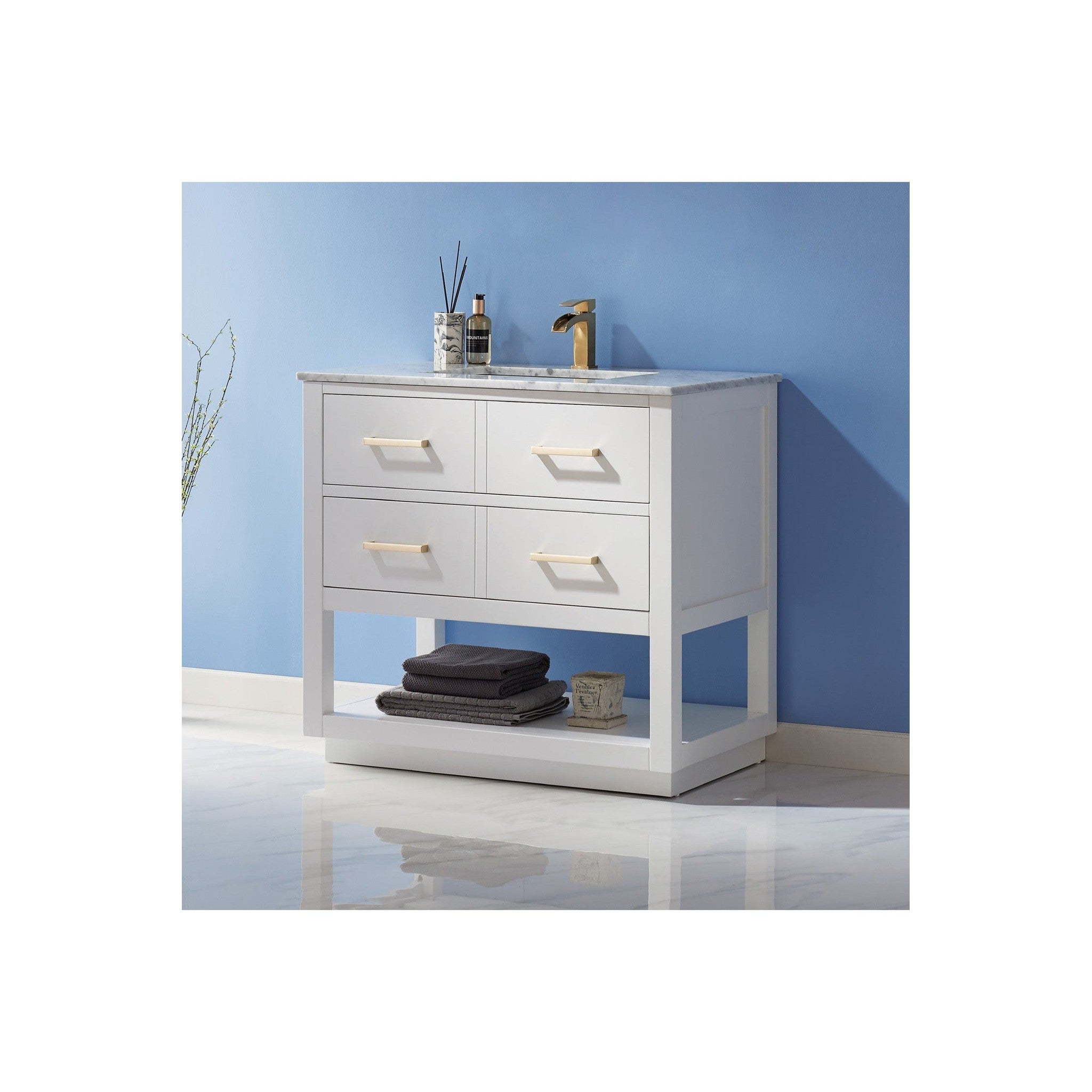 Remi 36" Single Bathroom Vanity Set in White and Carrara White Marble Countertop without Mirror