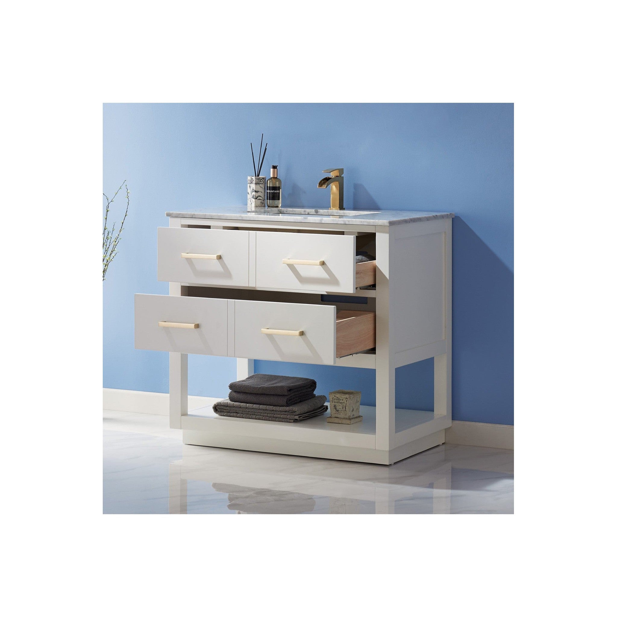 Remi 36" Single Bathroom Vanity Set in White and Carrara White Marble Countertop without Mirror