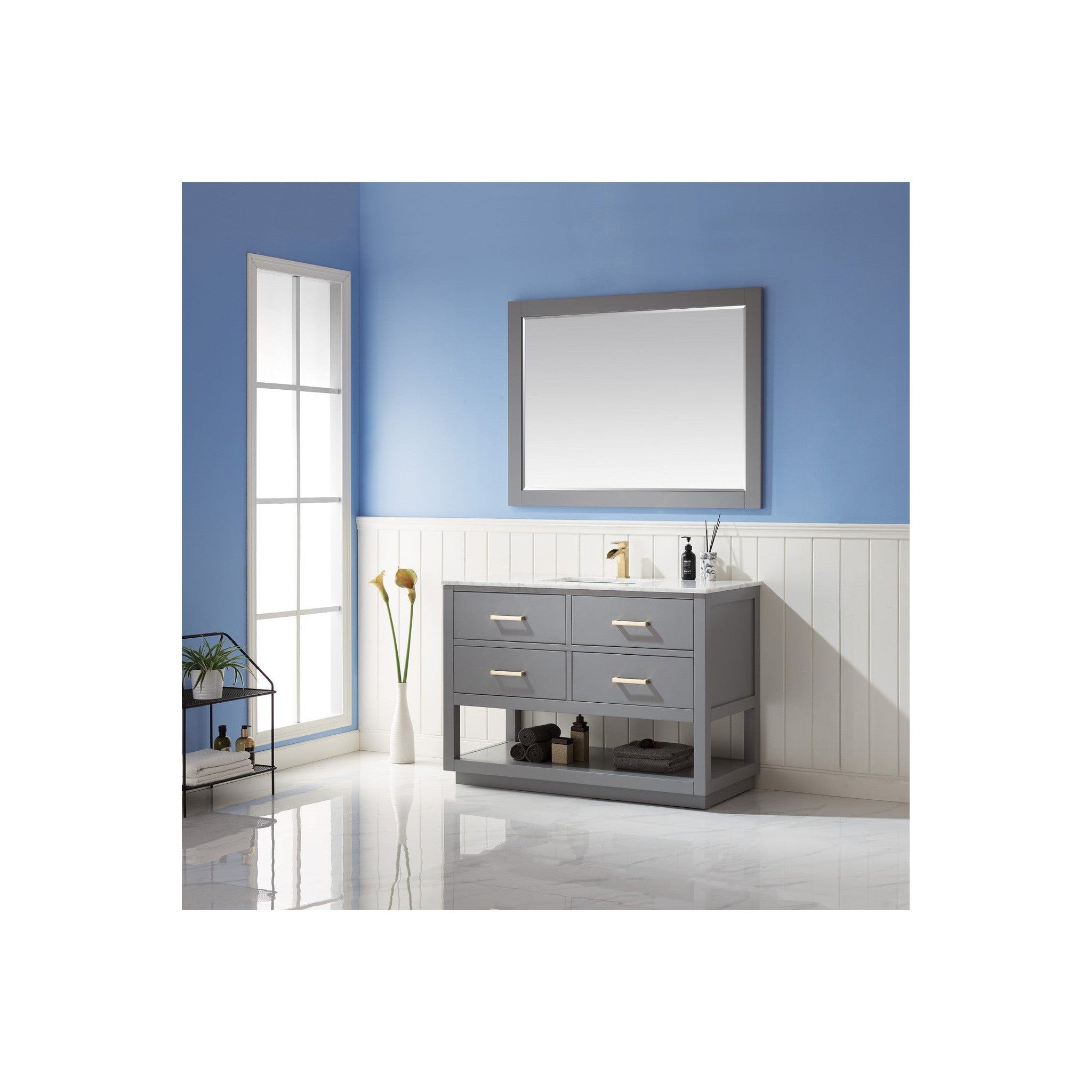 Remi 48" Single Bathroom Vanity Set in Gray and Carrara White Marble Countertop with Mirror