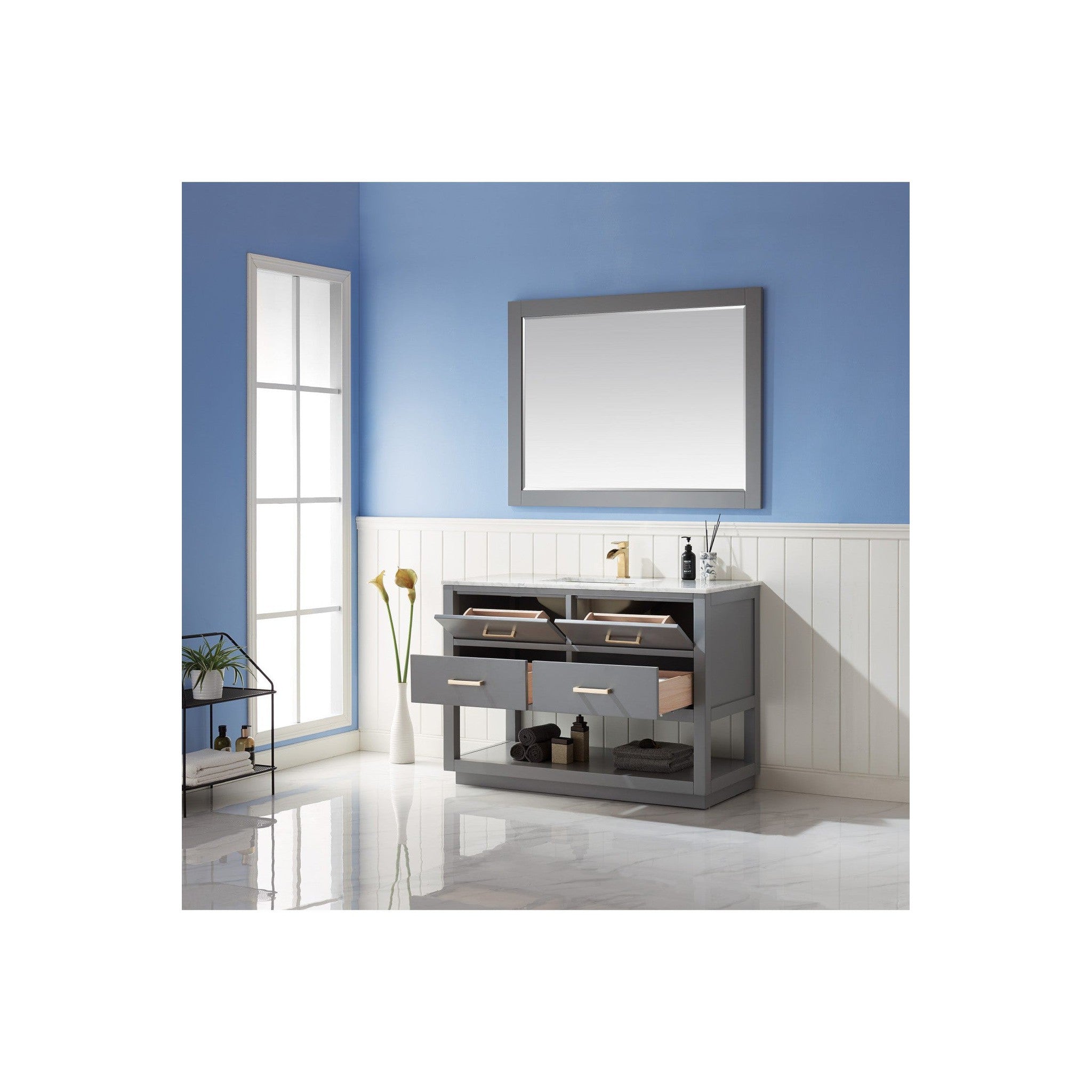 Remi 48" Single Bathroom Vanity Set in Gray and Carrara White Marble Countertop with Mirror