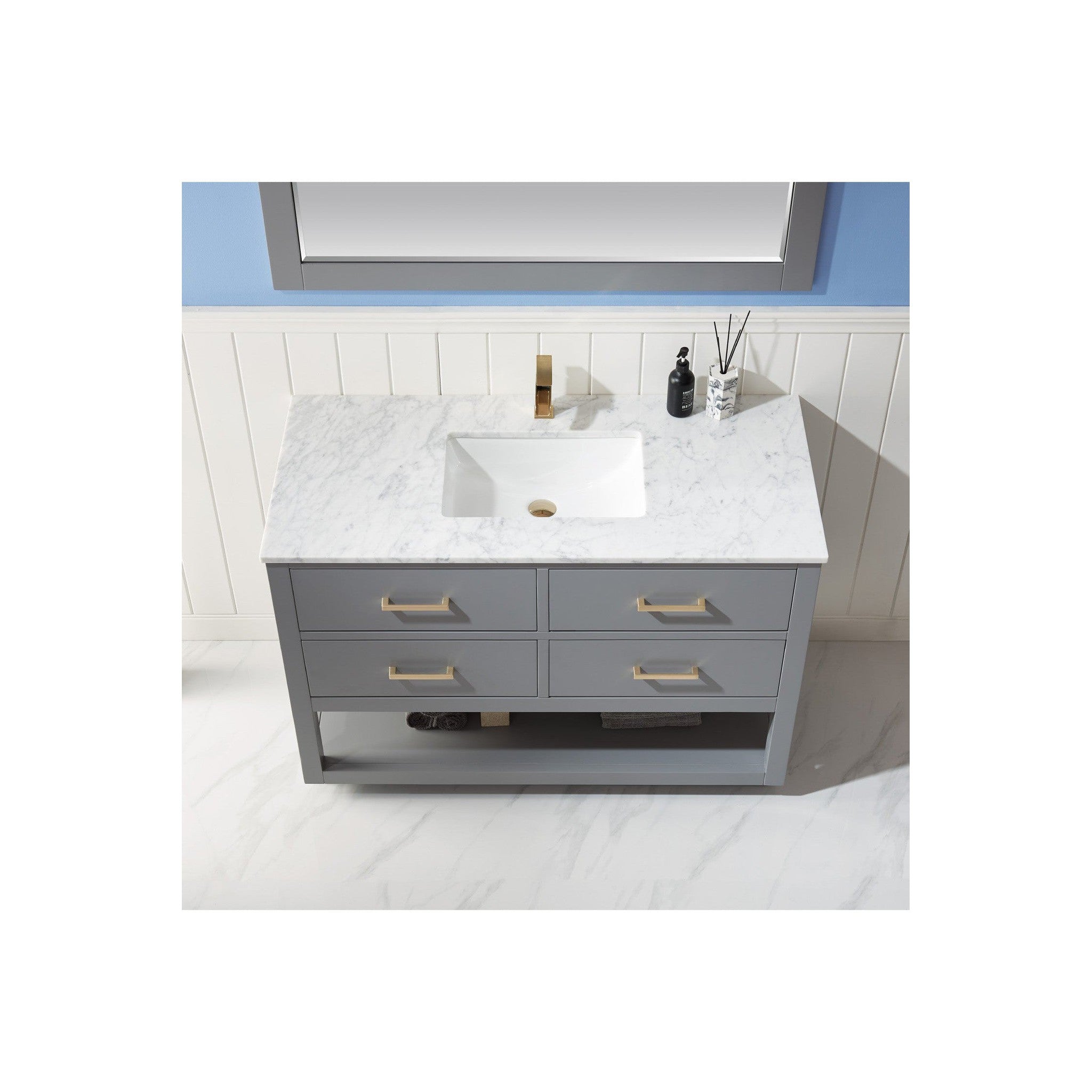 Remi 48" Single Bathroom Vanity Set in Gray and Carrara White Marble Countertop with Mirror