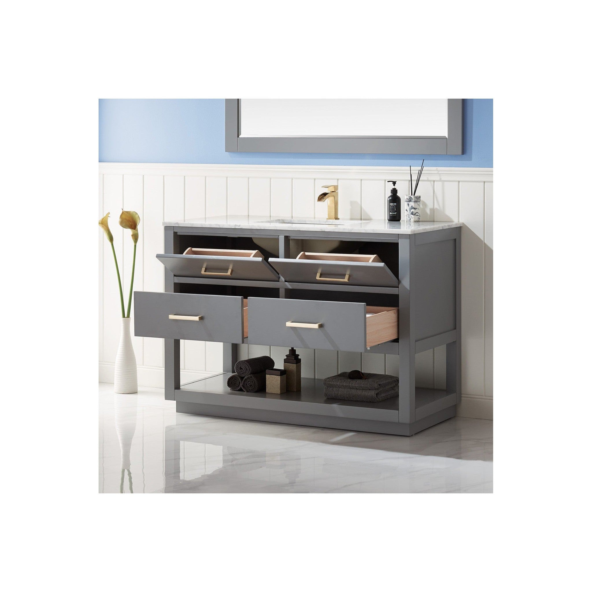 Remi 48" Single Bathroom Vanity Set in Gray and Carrara White Marble Countertop with Mirror