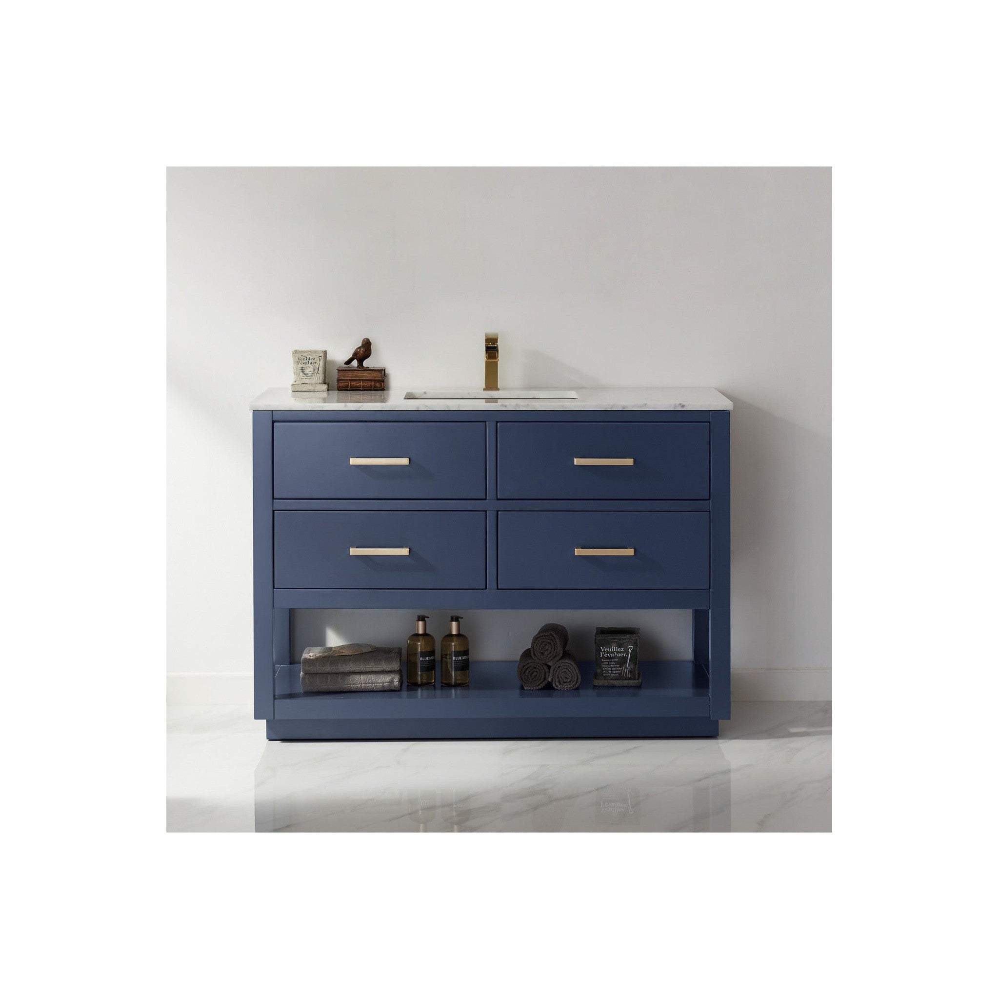 Remi 48" Single Bathroom Vanity Set in Royal Blue and Carrara White Marble Countertop without Mirror