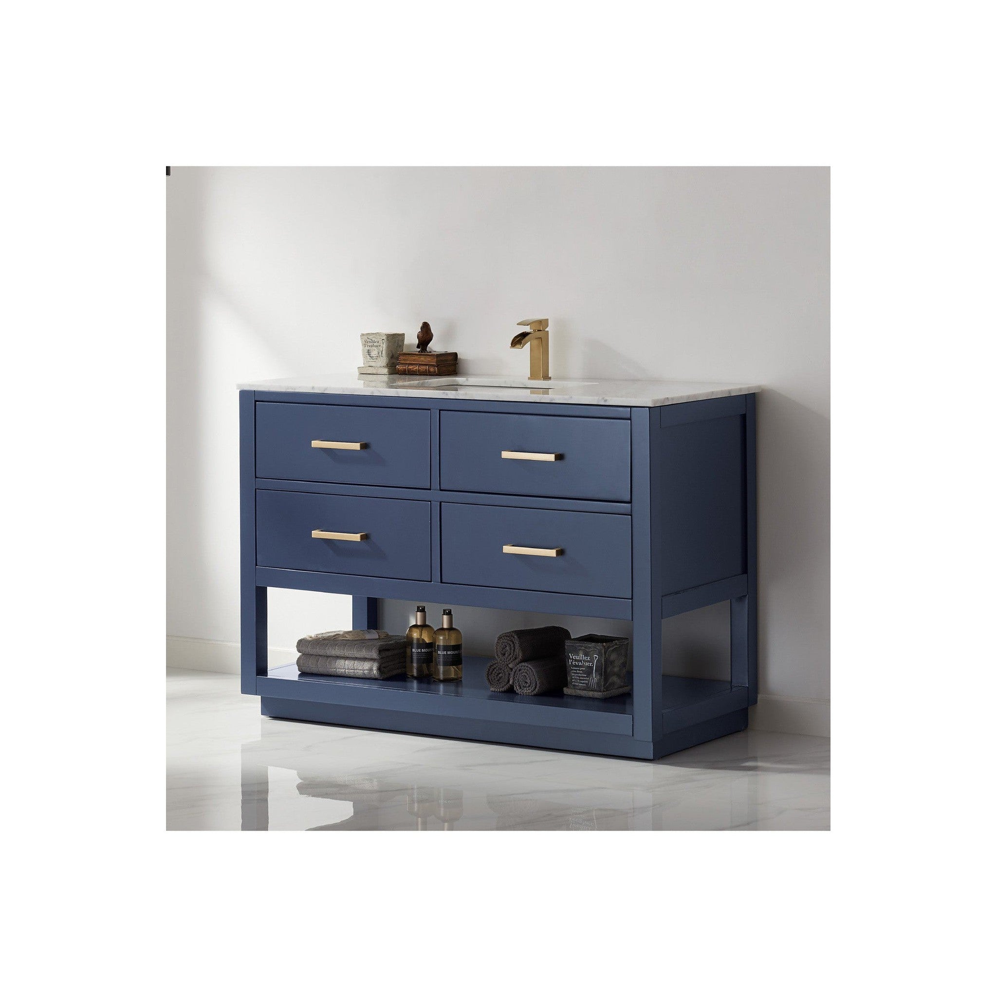 Remi 48" Single Bathroom Vanity Set in Royal Blue and Carrara White Marble Countertop without Mirror