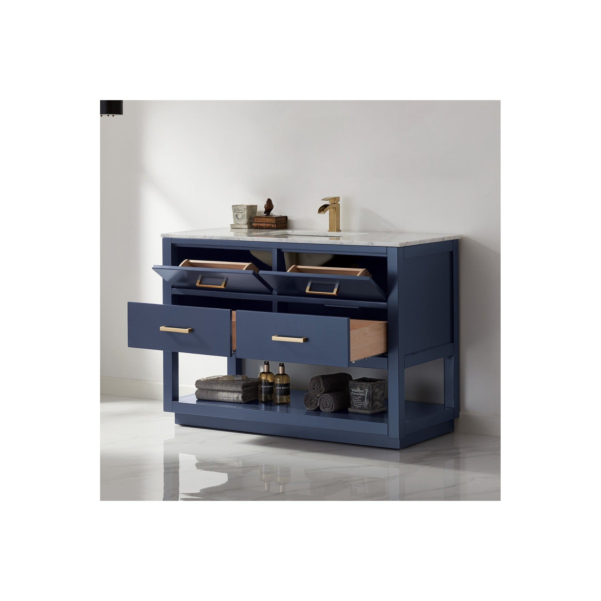 Remi 48" Single Bathroom Vanity Set in Royal Blue and Carrara White Marble Countertop without Mirror