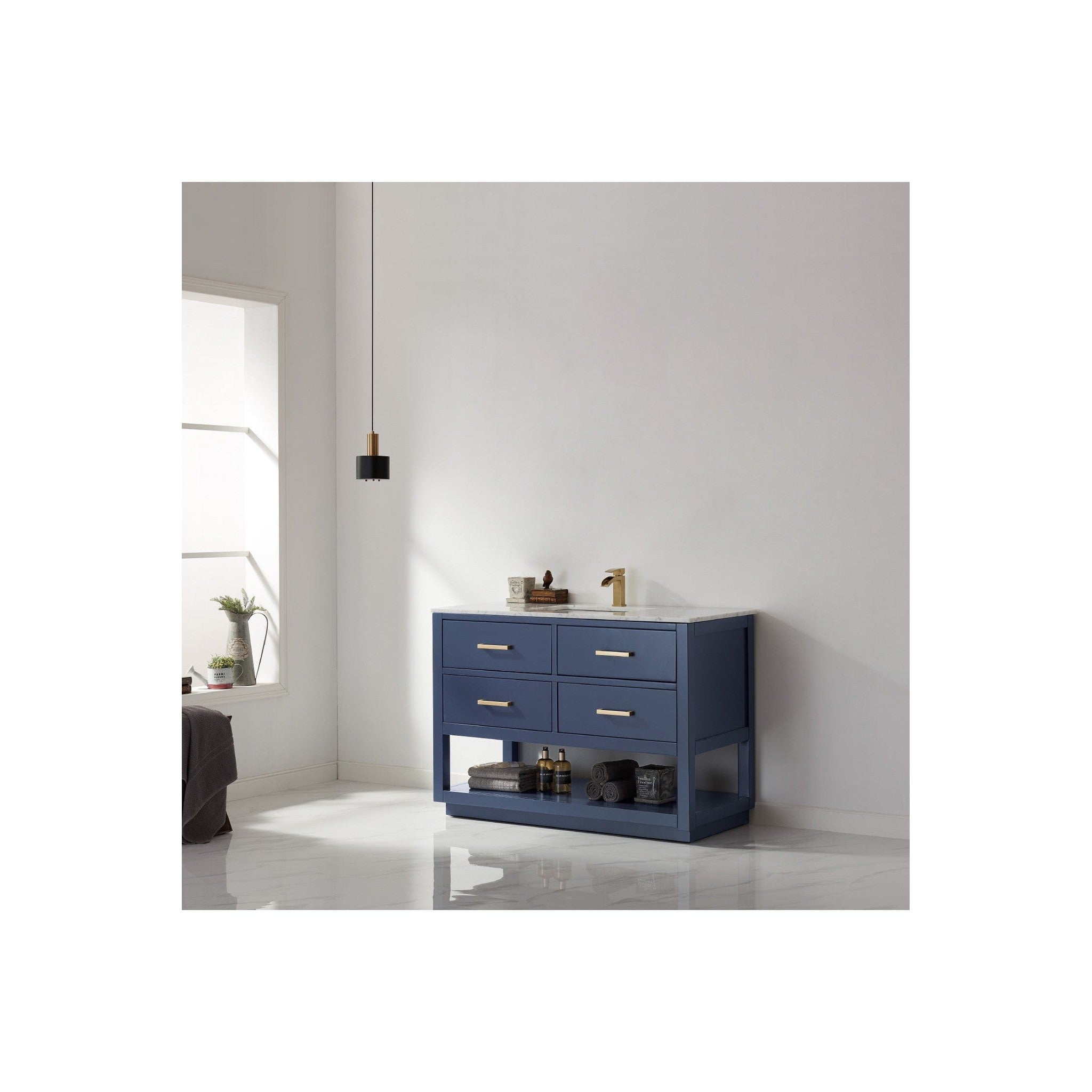 Remi 48" Single Bathroom Vanity Set in Royal Blue and Carrara White Marble Countertop without Mirror