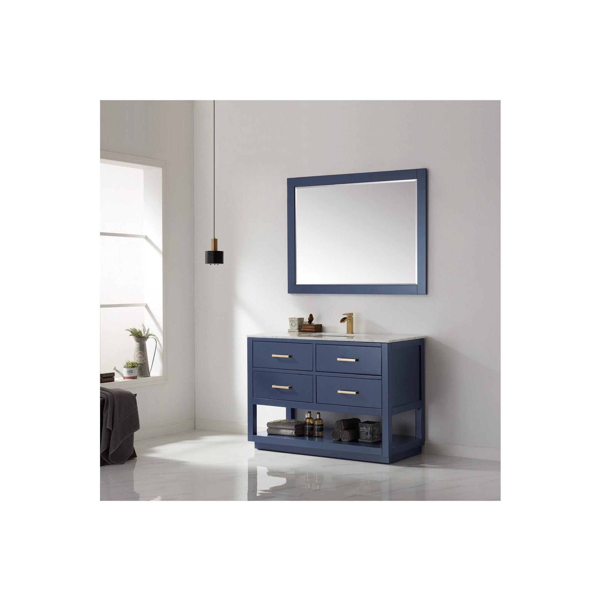 Remi 48" Single Bathroom Vanity Set in Royal Blue and Carrara White Marble Countertop with Mirror