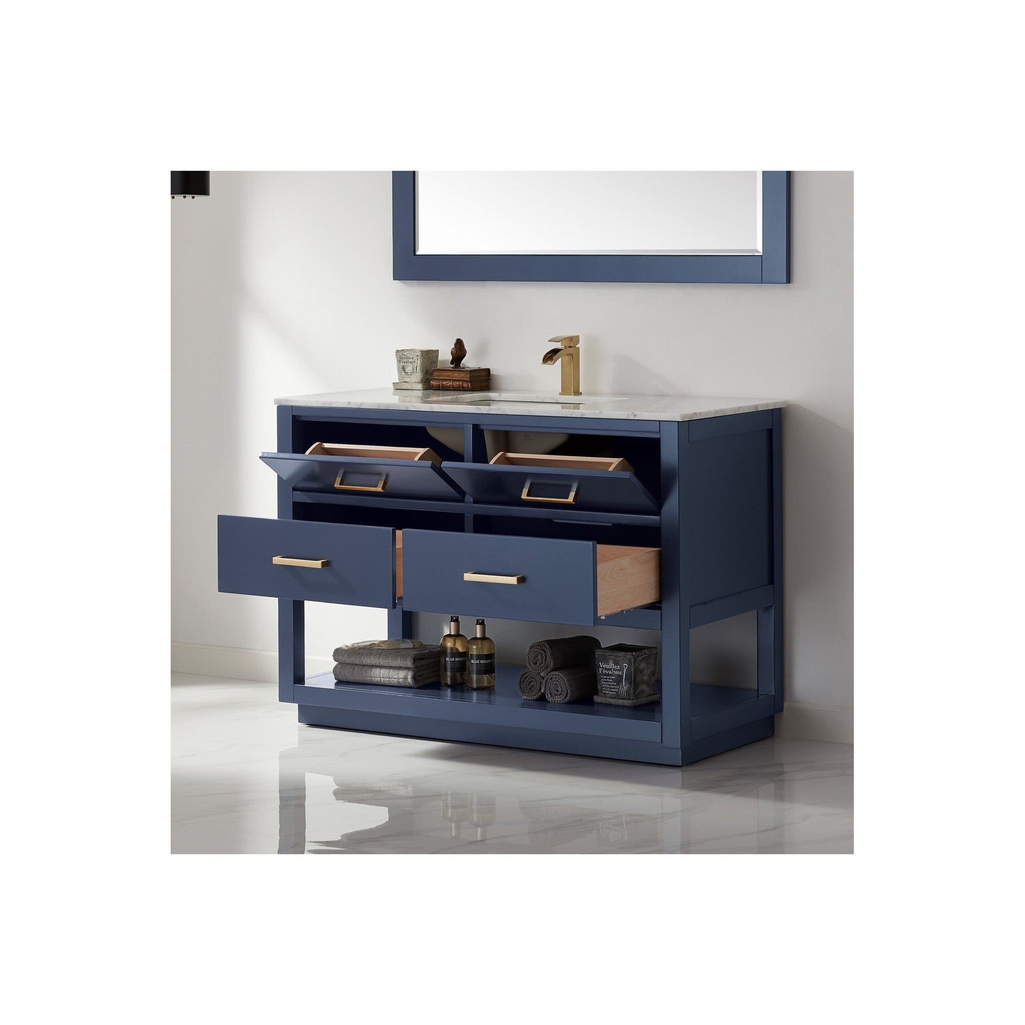 Remi 48" Single Bathroom Vanity Set in Royal Blue and Carrara White Marble Countertop with Mirror