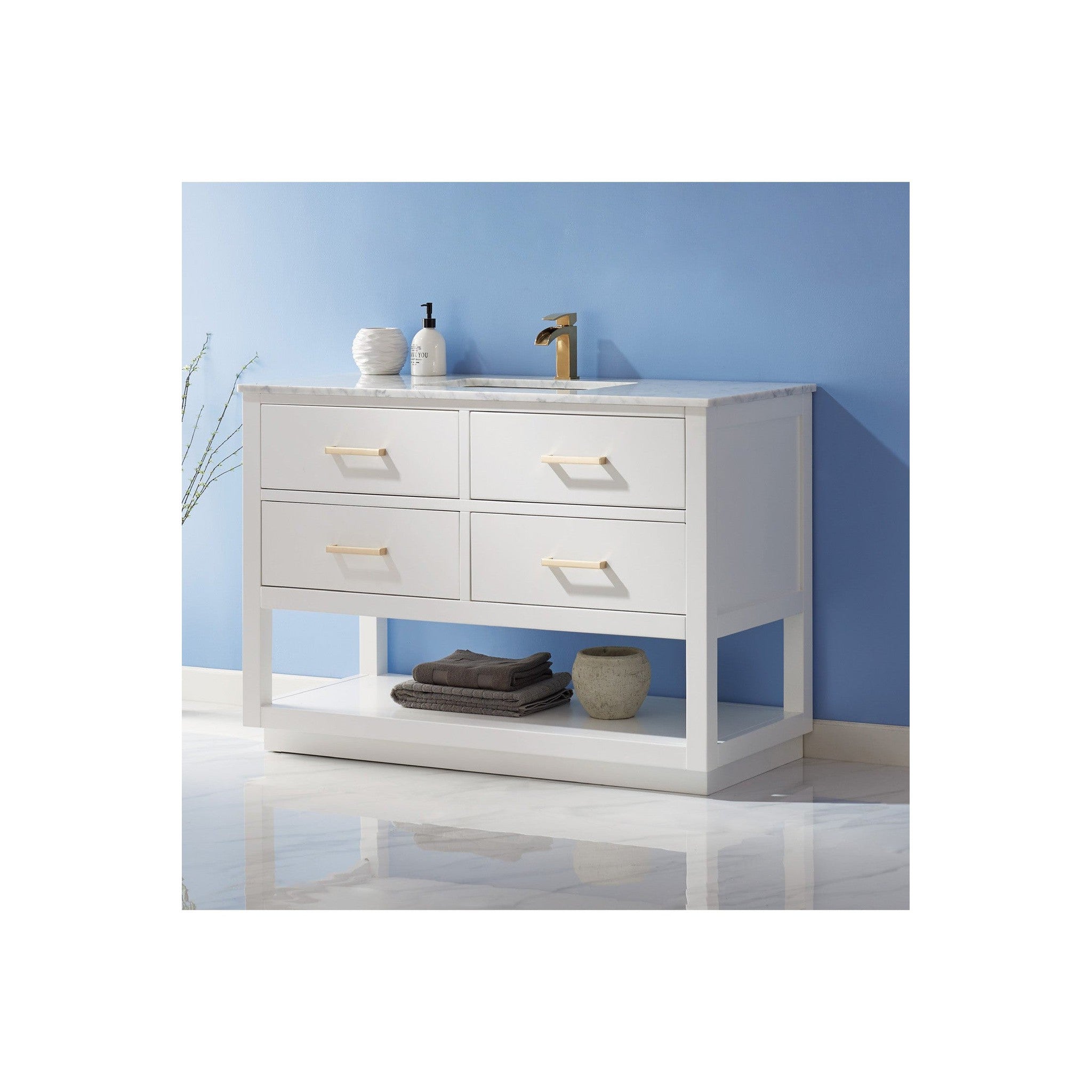 Remi 48" Single Bathroom Vanity Set in White and Carrara White Marble Countertop without Mirror