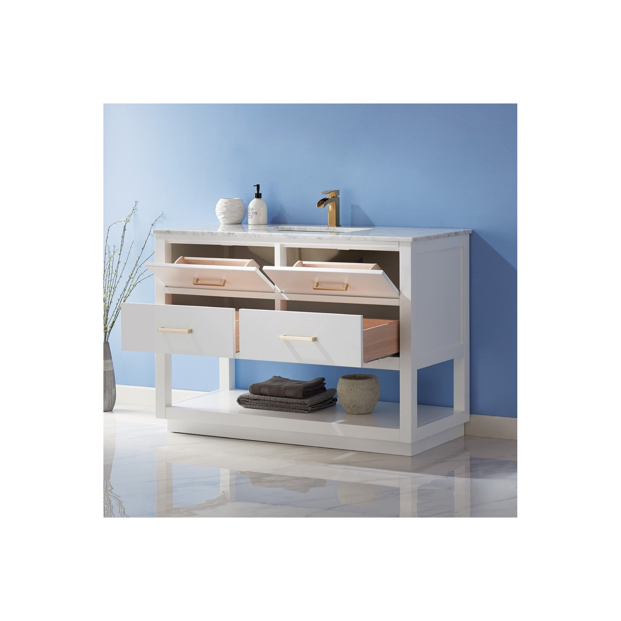 Remi 48" Single Bathroom Vanity Set in White and Carrara White Marble Countertop without Mirror