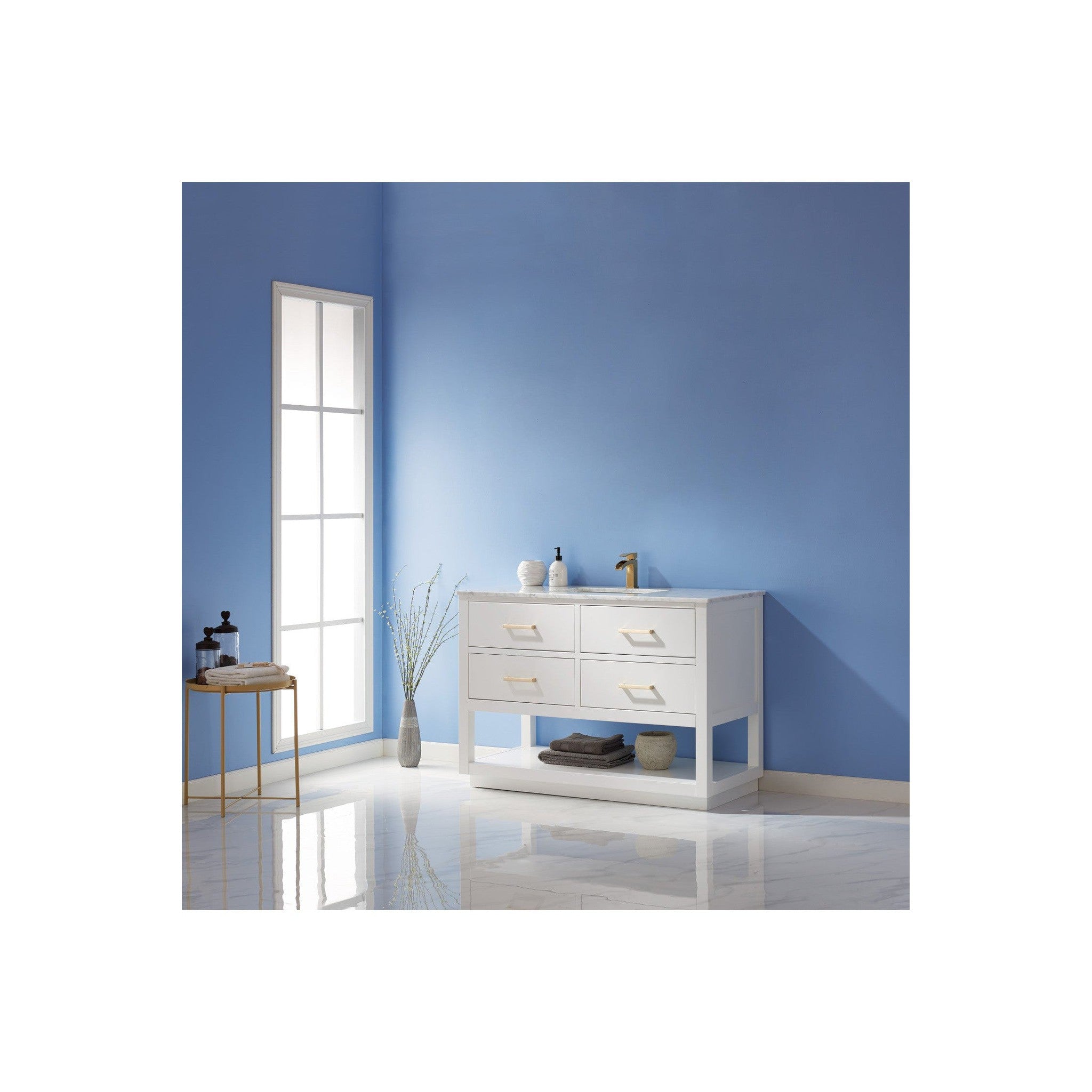 Remi 48" Single Bathroom Vanity Set in White and Carrara White Marble Countertop without Mirror