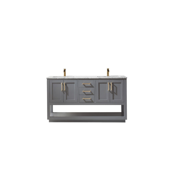 Remi 60" Double Bathroom Vanity Set in Gray and Carrara White Marble Countertop without Mirror