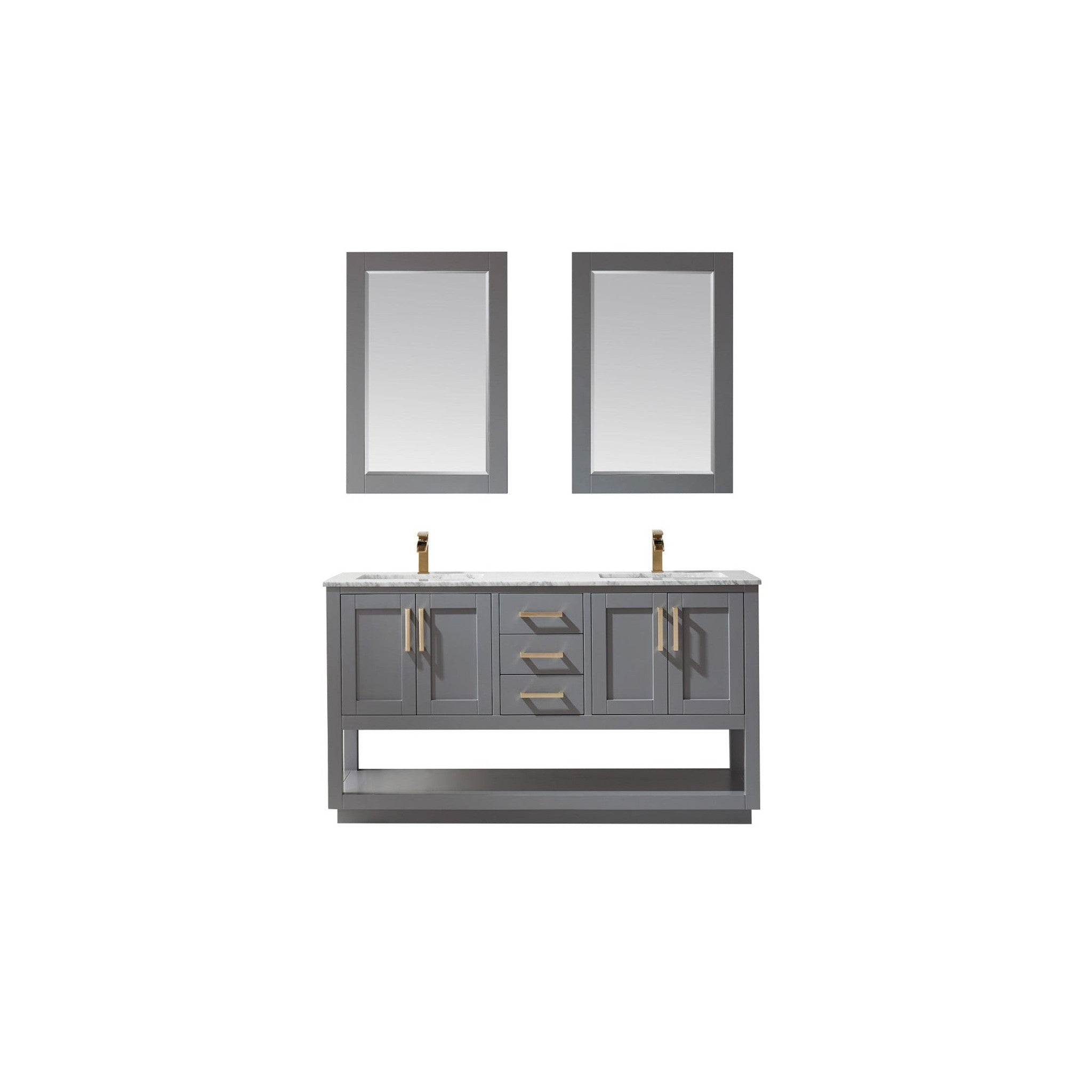 Remi 60" Double Bathroom Vanity Set in Gray and Carrara White Marble Countertop with Mirror