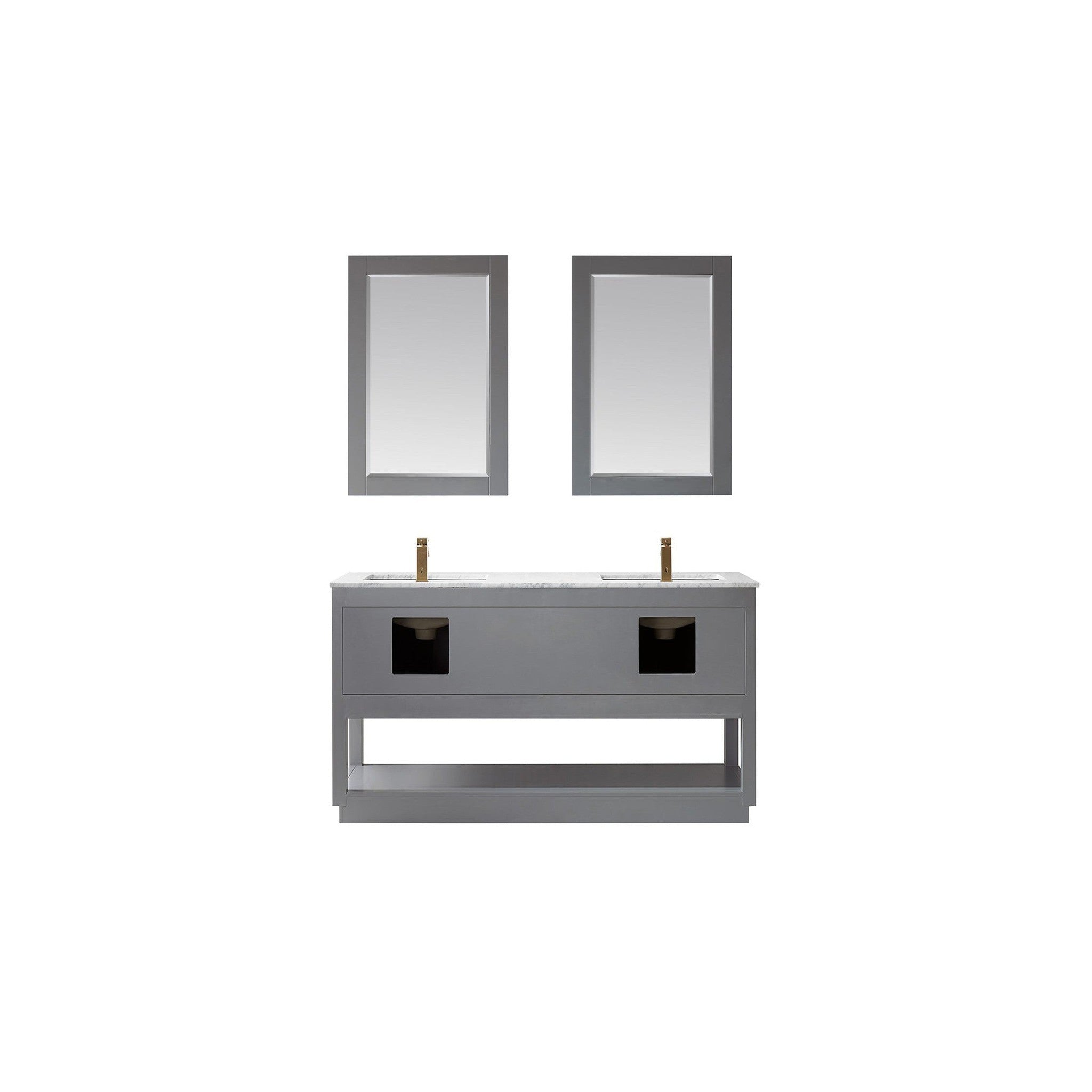 Remi 60" Double Bathroom Vanity Set in Gray and Carrara White Marble Countertop with Mirror