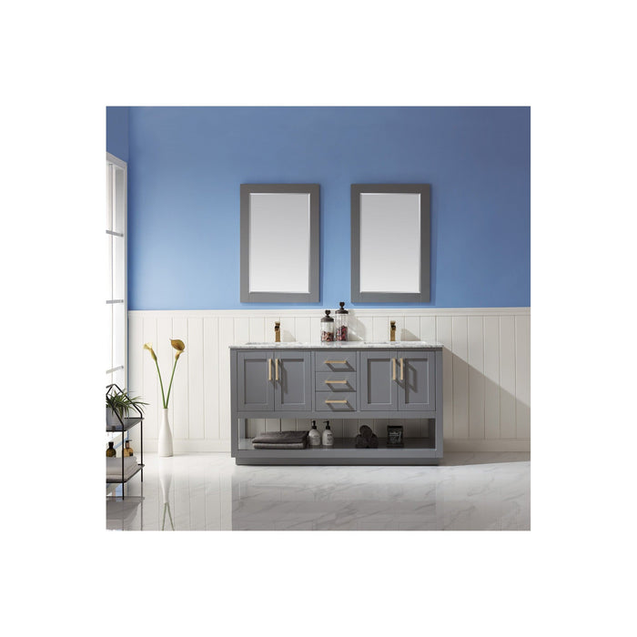Remi 60" Double Bathroom Vanity Set in Gray and Carrara White Marble Countertop with Mirror