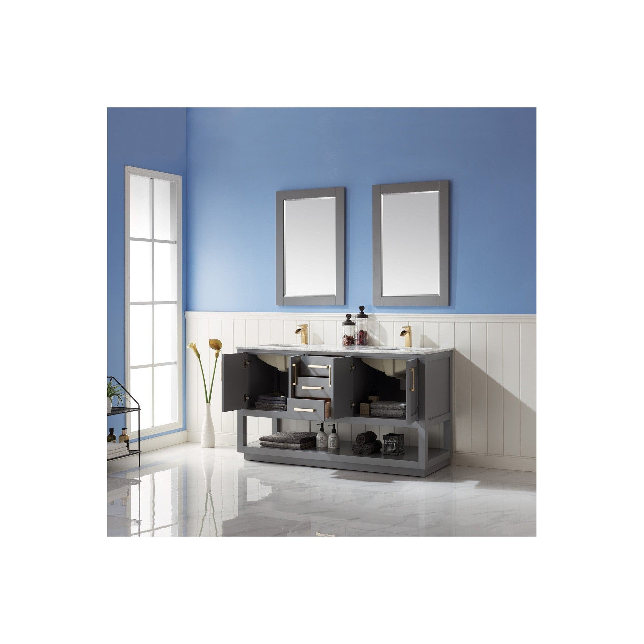 Remi 60" Double Bathroom Vanity Set in Gray and Carrara White Marble Countertop with Mirror