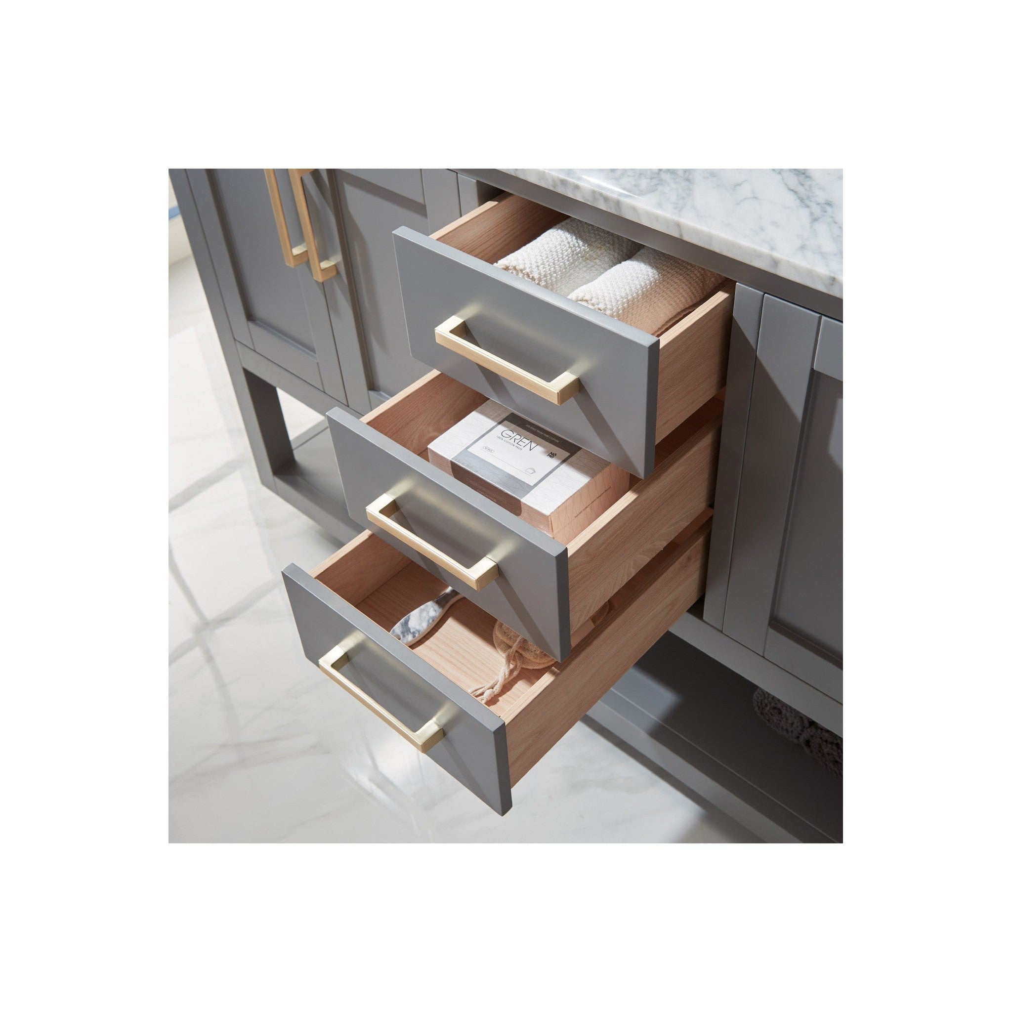 Remi 60" Double Bathroom Vanity Set in Gray and Carrara White Marble Countertop with Mirror