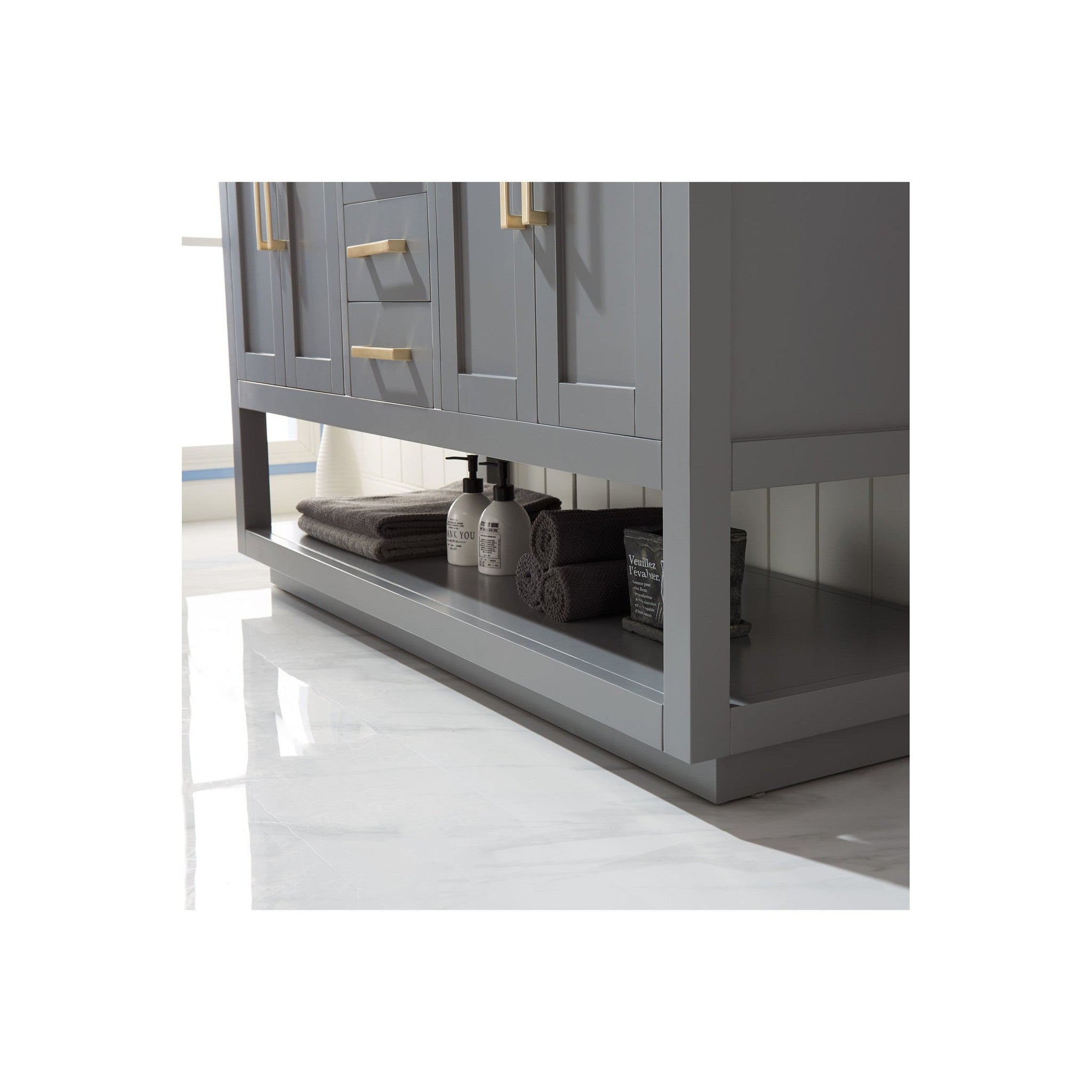 Remi 60" Double Bathroom Vanity Set in Gray and Carrara White Marble Countertop with Mirror