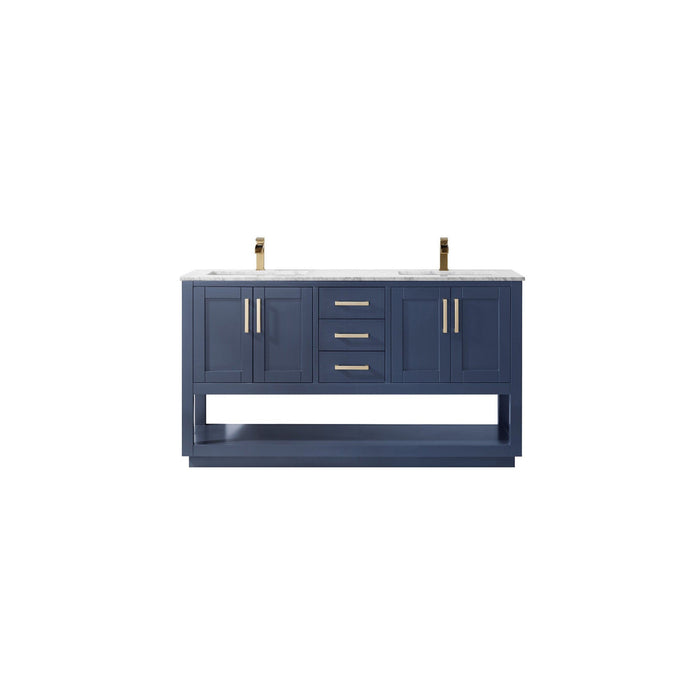 Remi 60" Double Bathroom Vanity Set in Royal Blue and Carrara White Marble Countertop without Mirror