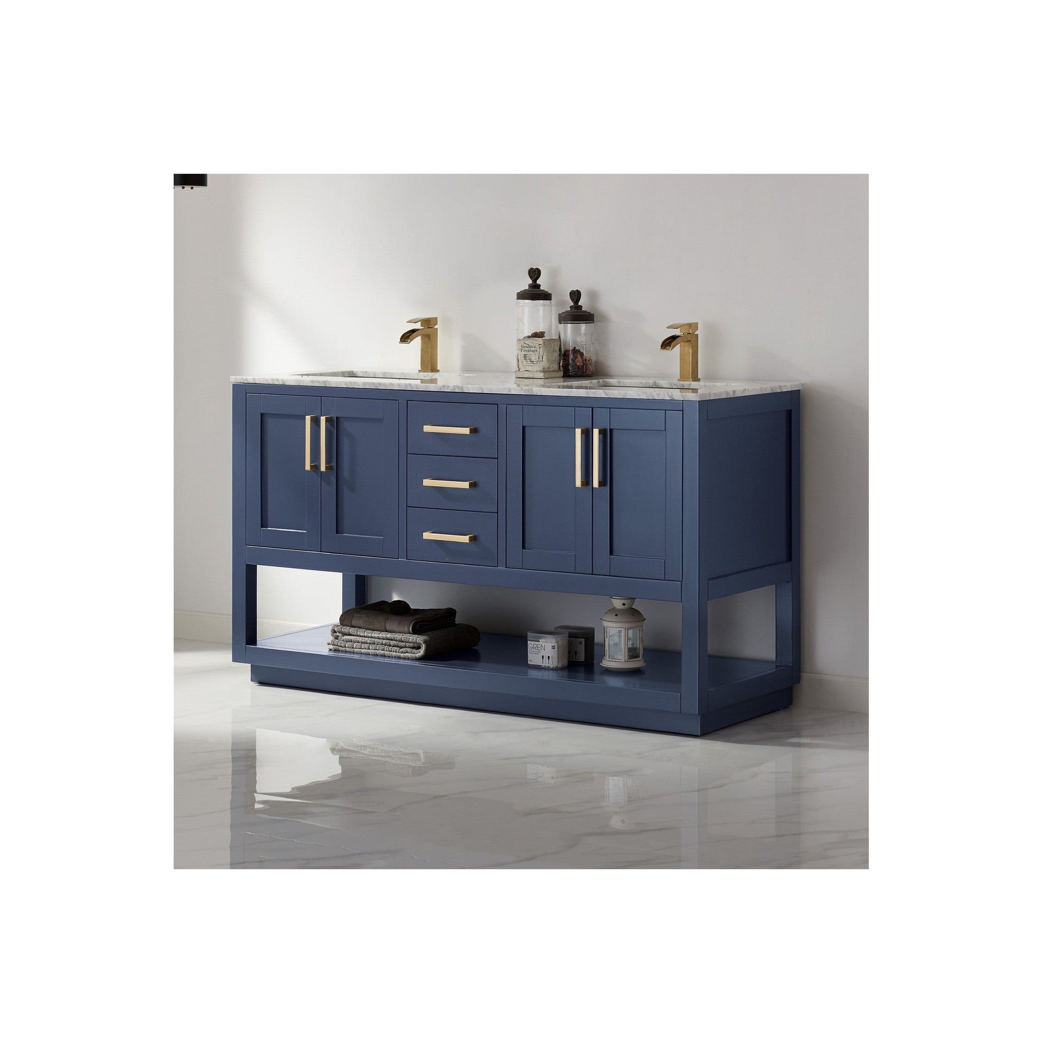 Remi 60" Double Bathroom Vanity Set in Royal Blue and Carrara White Marble Countertop without Mirror