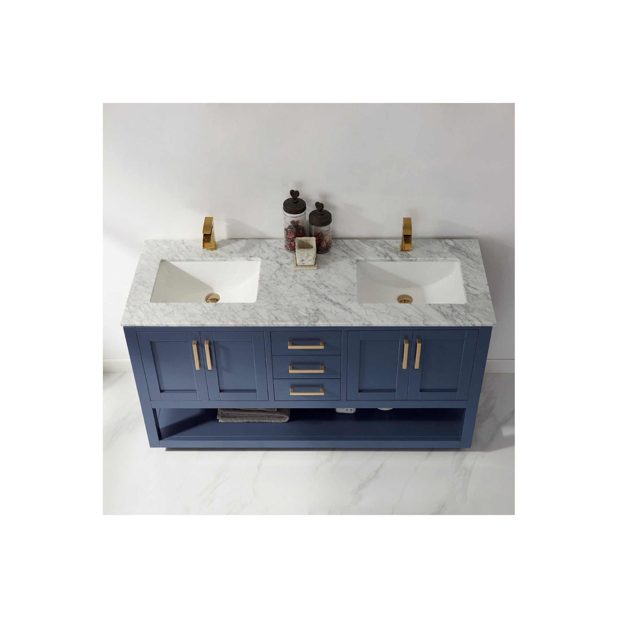 Remi 60" Double Bathroom Vanity Set in Royal Blue and Carrara White Marble Countertop without Mirror