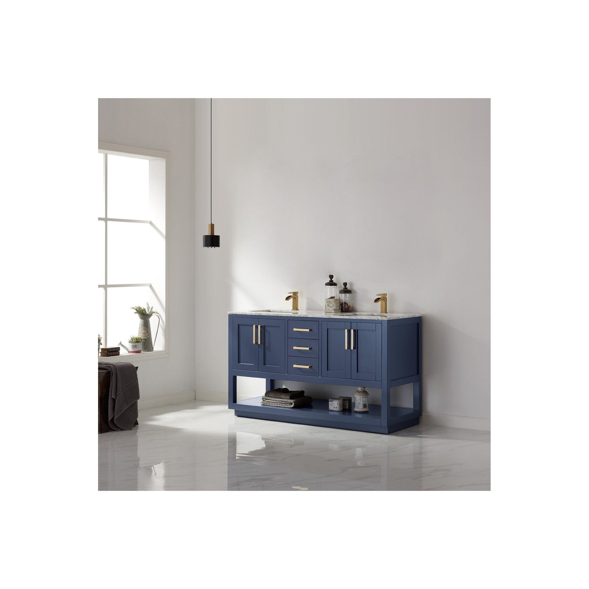 Remi 60" Double Bathroom Vanity Set in Royal Blue and Carrara White Marble Countertop without Mirror