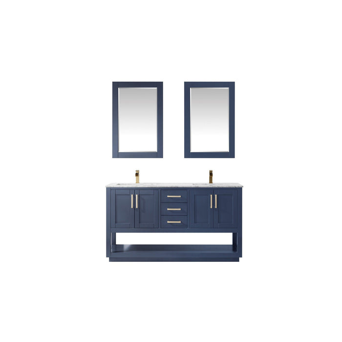 Remi 60" Double Bathroom Vanity Set in Royal Blue and Carrara White Marble Countertop with Mirror