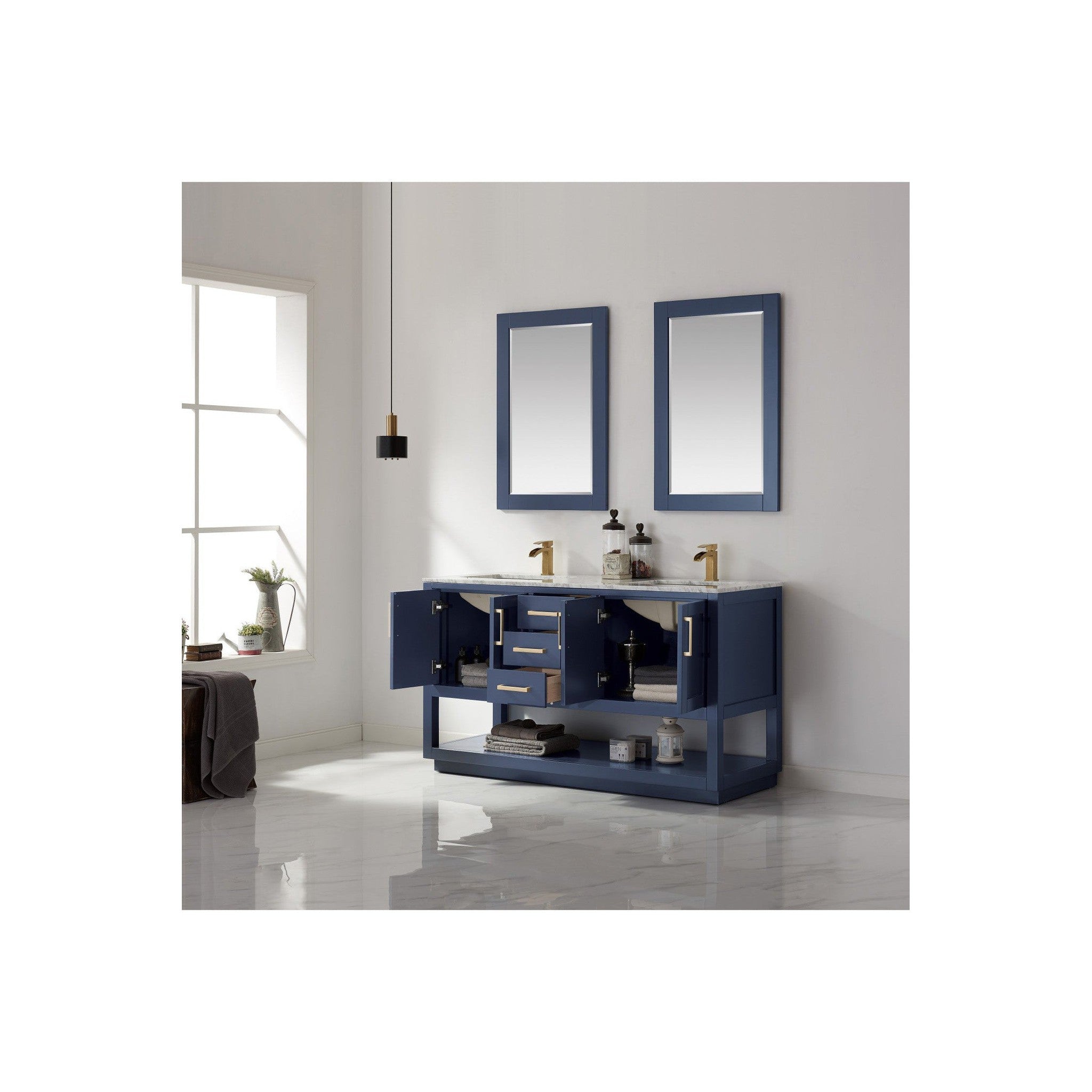 Remi 60" Double Bathroom Vanity Set in Royal Blue and Carrara White Marble Countertop with Mirror