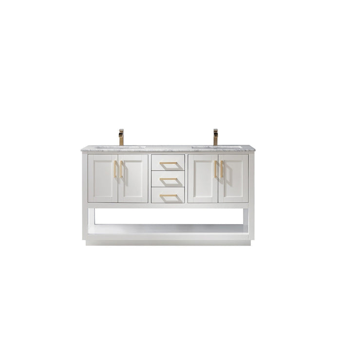Remi 60" Double Bathroom Vanity Set in White and Carrara White Marble Countertop without Mirror
