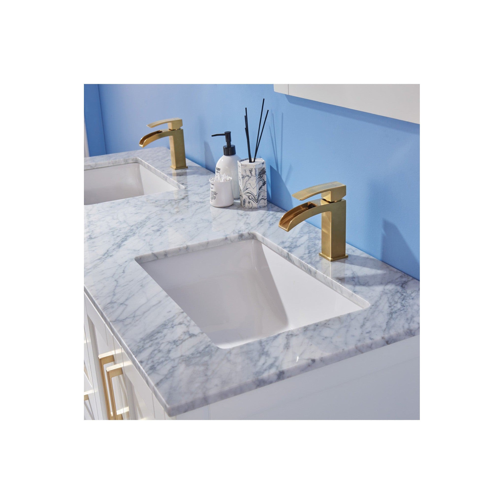 Remi 60" Double Bathroom Vanity Set in White and Carrara White Marble Countertop without Mirror